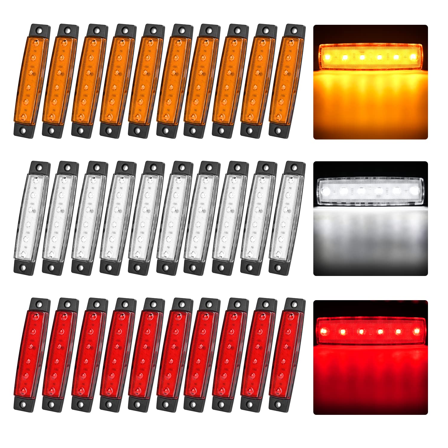 Nilight Side Marker Light 30PCS 3.8 Inch Amber Red White 6 LED Indicator Clearance Marine Boat Navigation Lights for Yacht Kayak Sailboat Trailer Bus RV