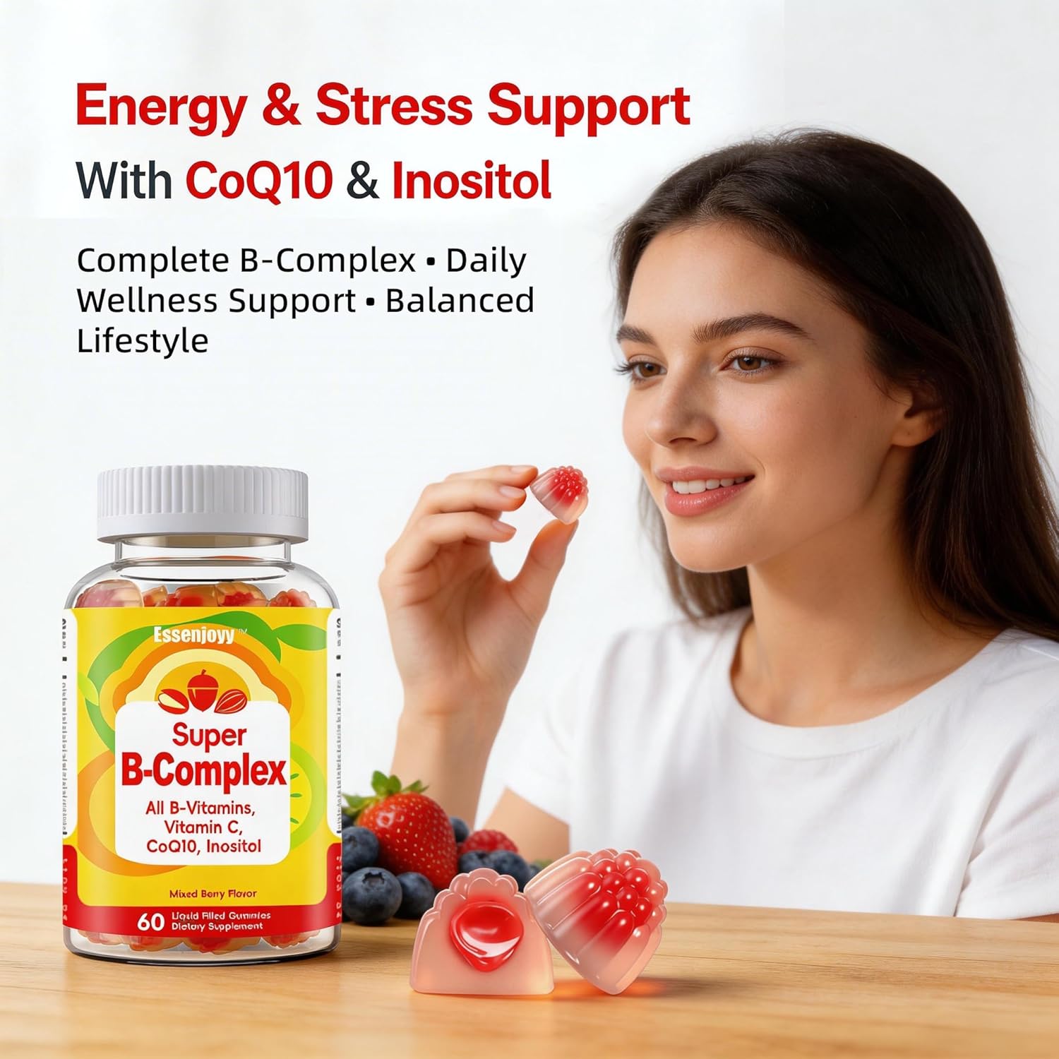 Liquid-Filled B Complex Gummies for Daily Routine, Juicy Berry Flavor, Complete B Vitamins with Vitamin C, CoQ10 & Inositol, Easy to Enjoy, 60 Gummies x 2 (120 Total)