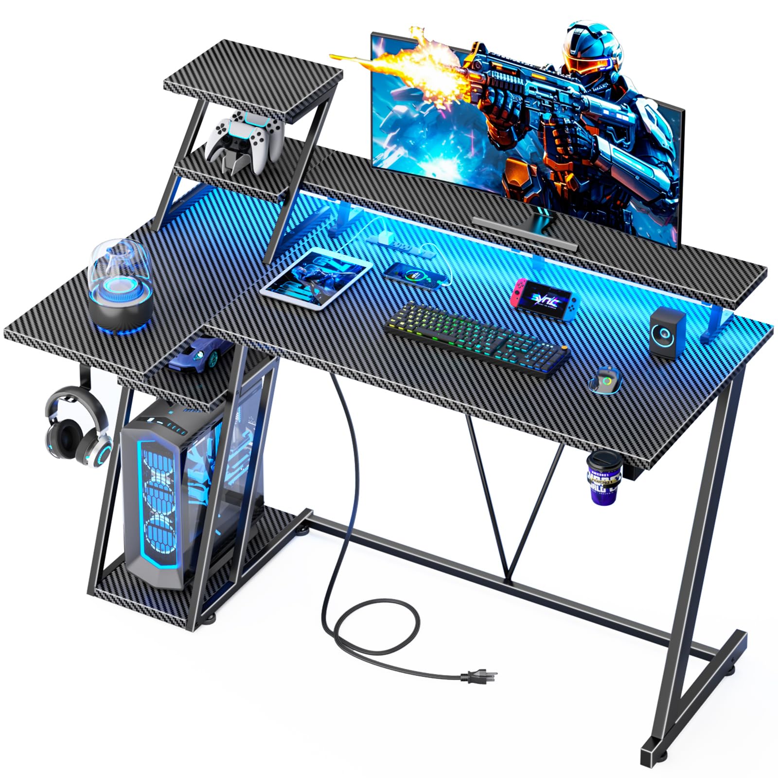 47 Inch Gaming Desk with LED Lights & Power Outlet, L Shaped Computer Desk with Storage Shelves, Gamer Workstations with Monitor Stand for Bedroom, Carbon Fiber Black