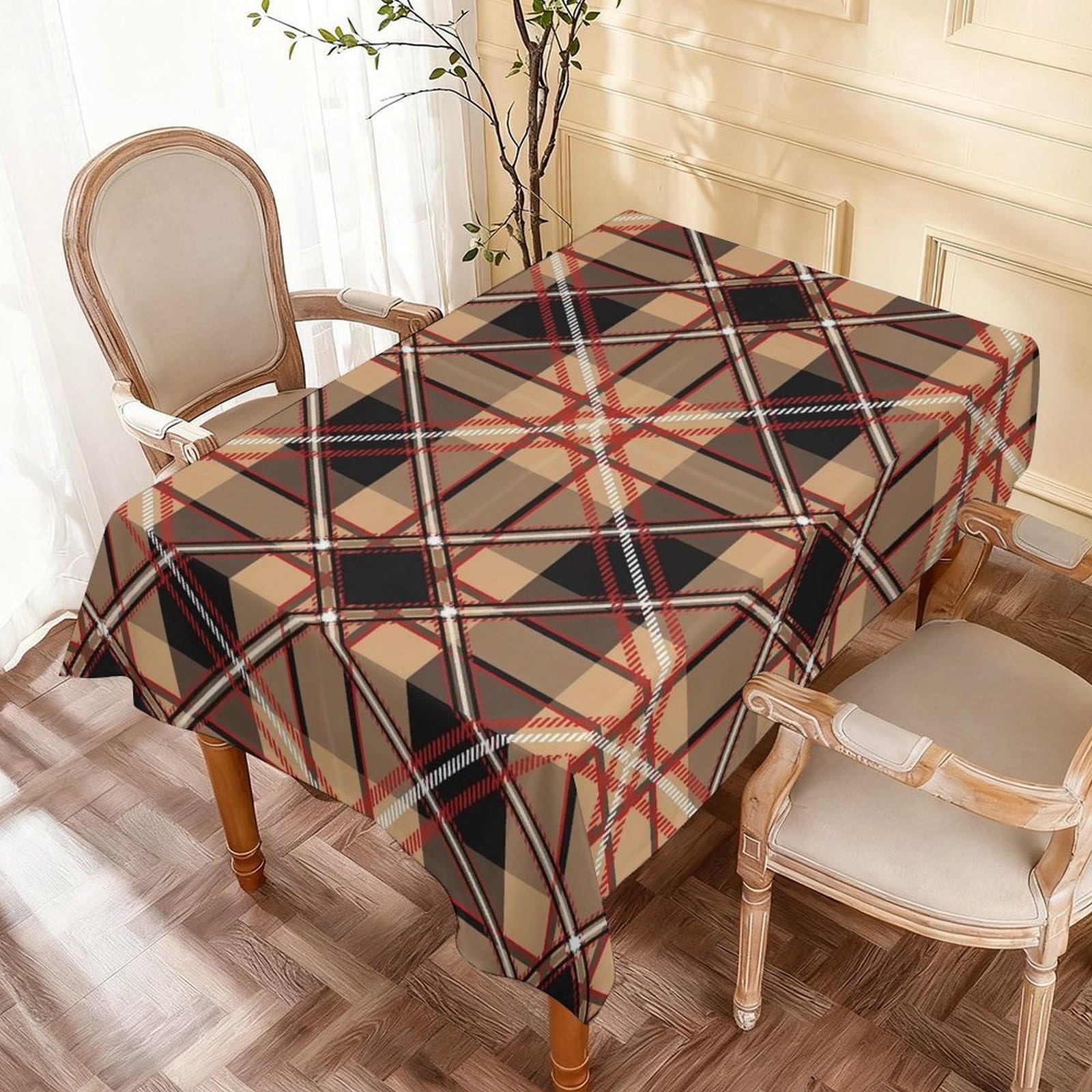 Nappe anti-taches tartan beige 137x183cm pour table de salle à manger