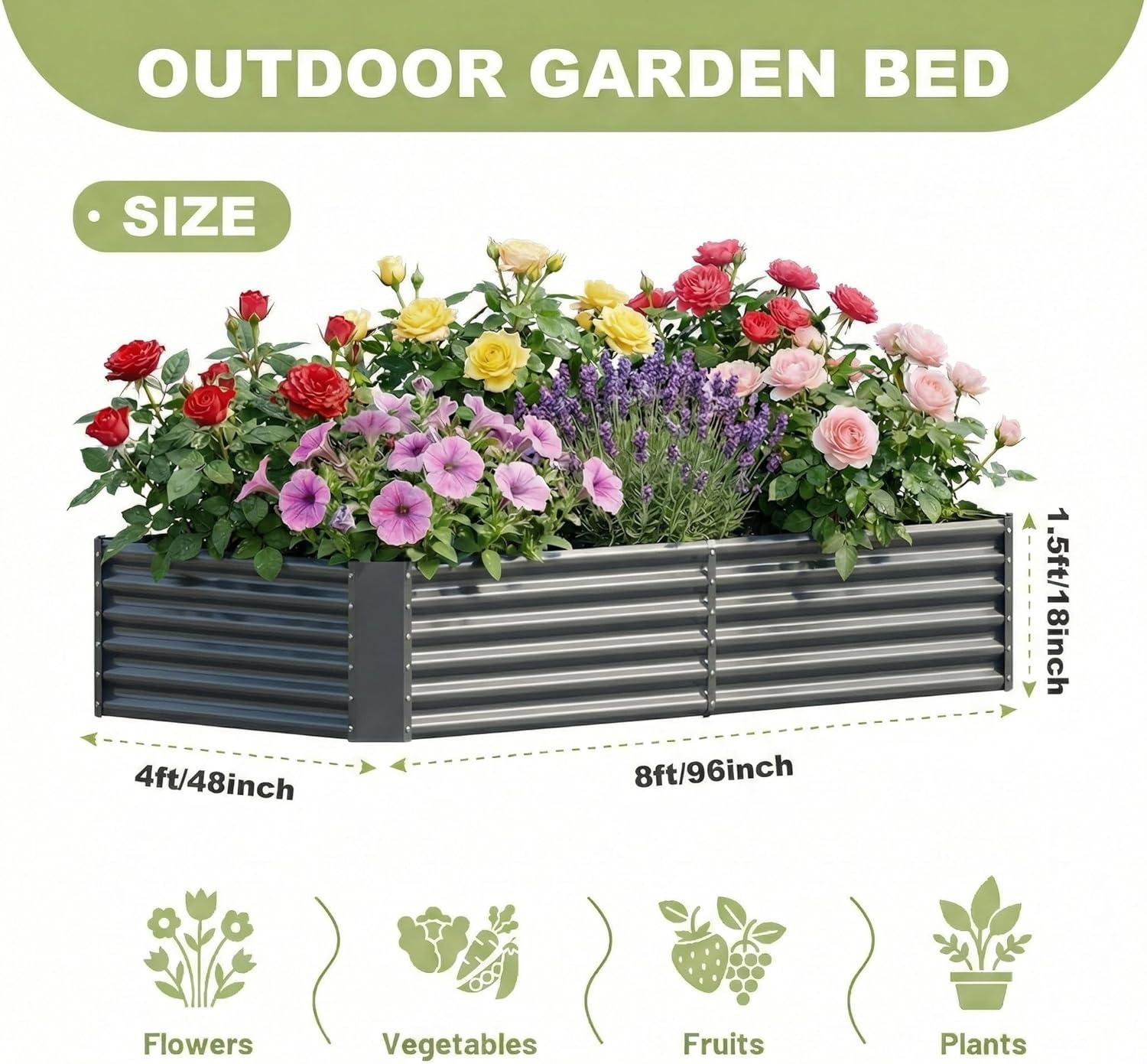 AHEONLAR 2 Pack 8×4×1.5ft Galvanized Raised Garden Beds Outdoor, Rectangle Sturdy and Durable Planter Boxes for Vegetables, Fruits, Flowers and Plants, Easy Assembly, Grey