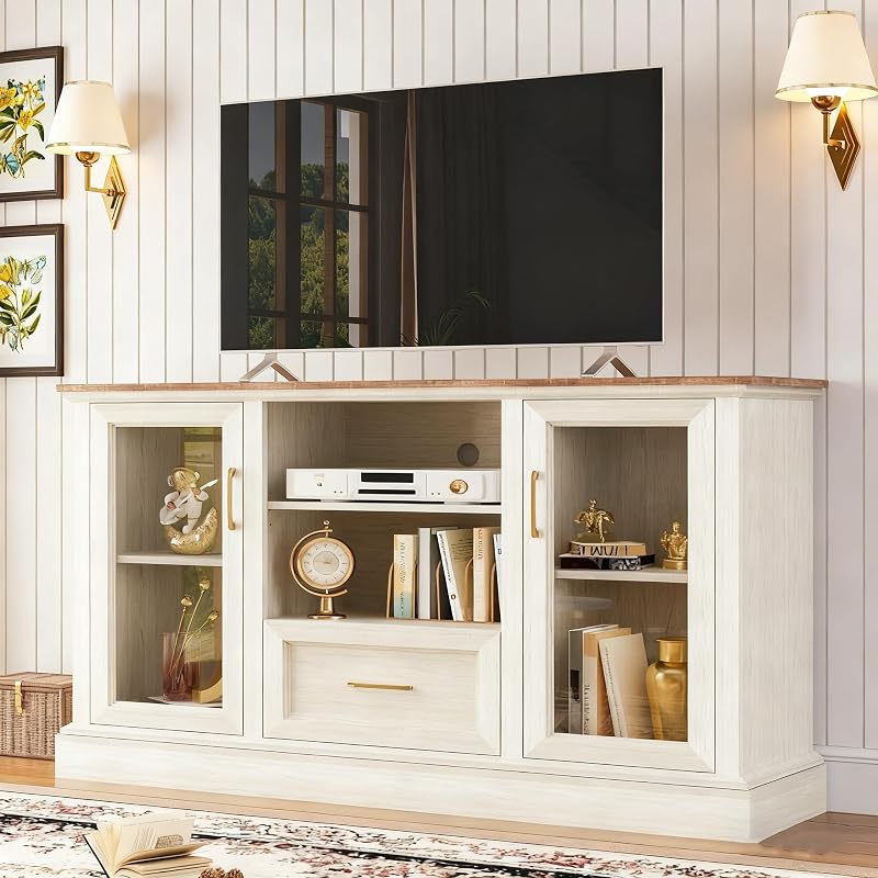 Farmhouse TV Stand for 55/60/65 Inch TV, Tall Media Console with 2 Glass Doors & 3 Adjustable Shelves, Wood Entertainment Center with Cubbies & Drawers for Living Room, Rustic White image 7