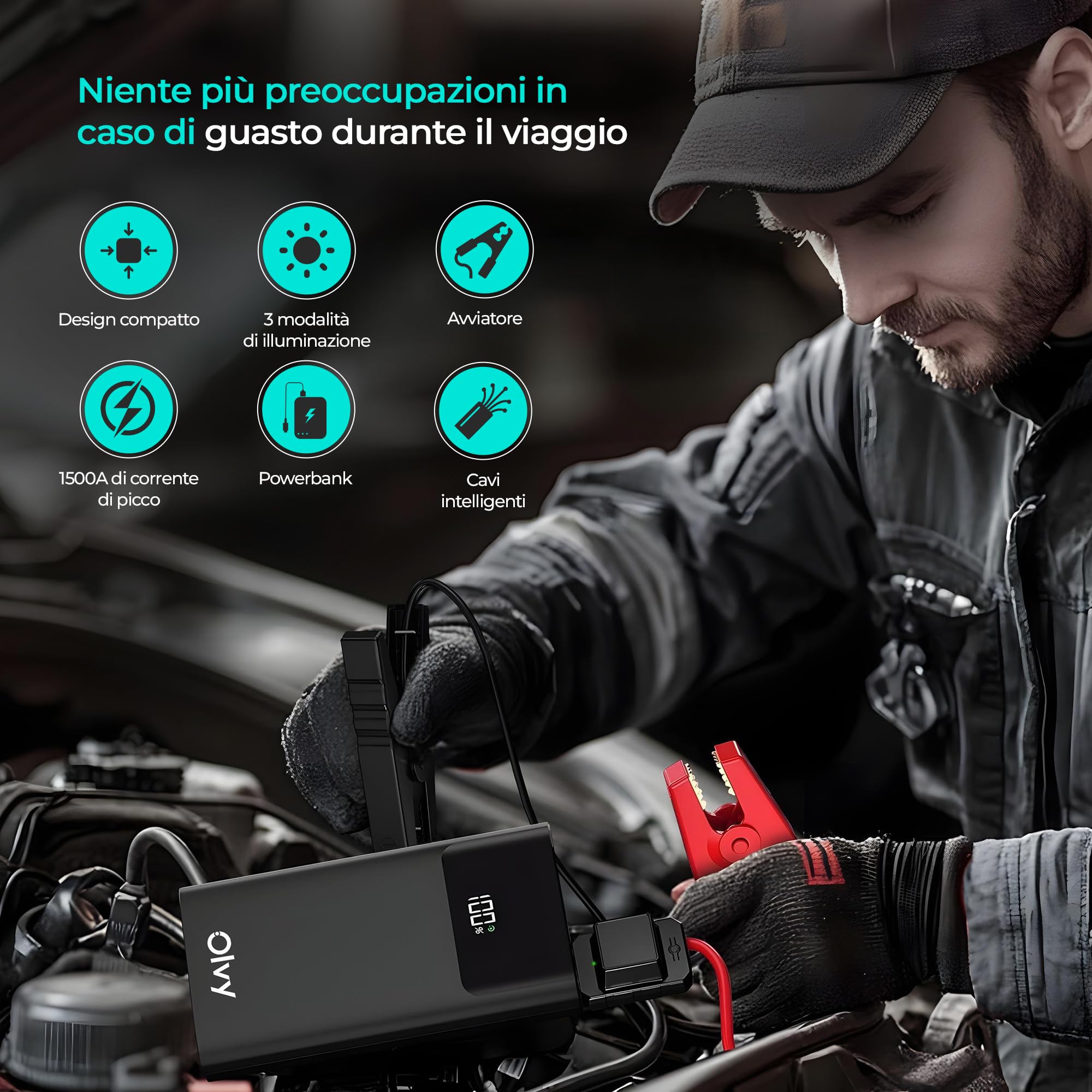 Olvy Rozrusznik 2 w 1 i power bank – szczyt 1500 A, przenośny wzmacniacz akumulatora samochodowego 12 V z inteligentnymi zaciskami, latarka LED, wyjście USB/typu C, do samochodów, ciężarówek