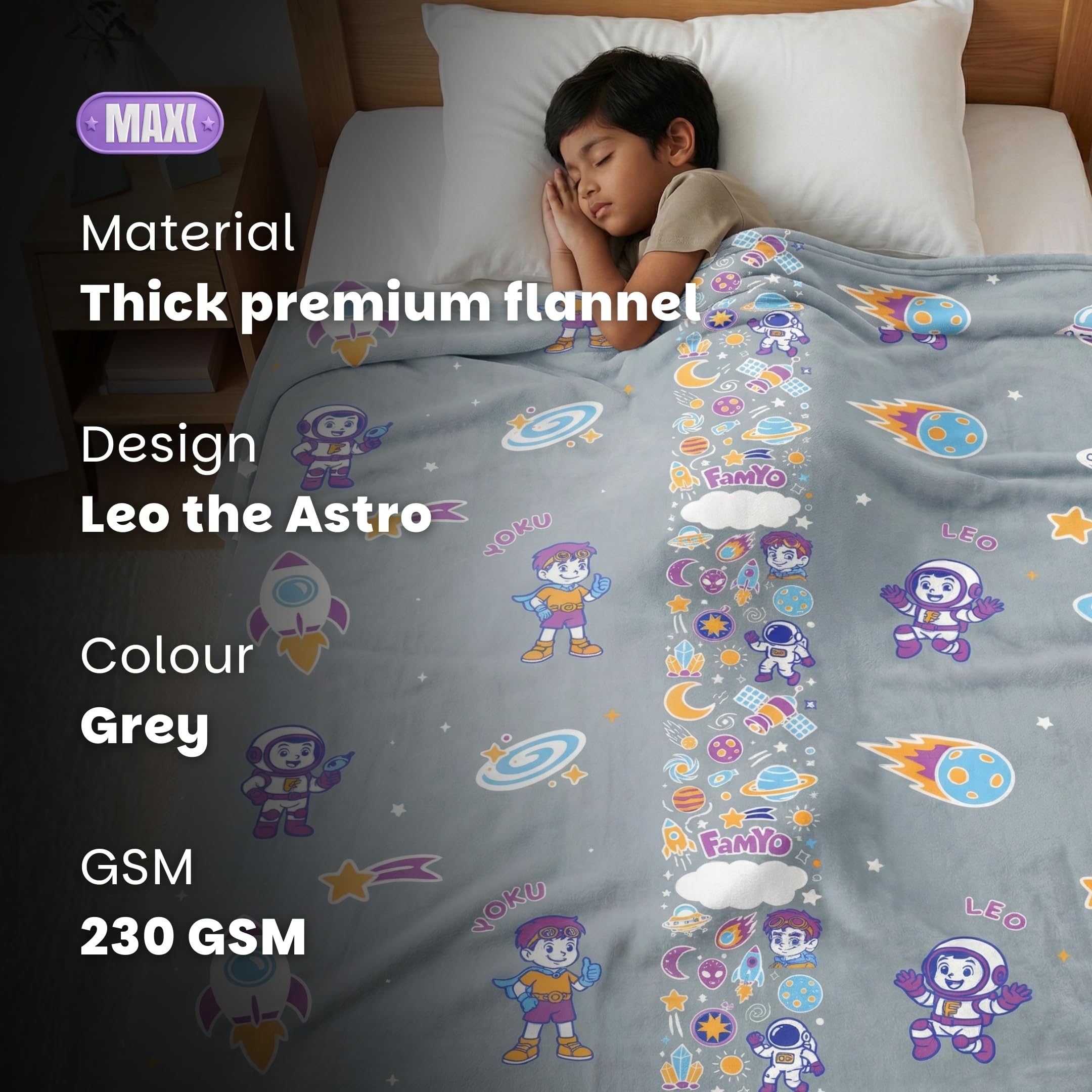 Famyo® GlowMaxx Kids Blanket | Soft Flannel Glow in Dark Blanket – Leo the Astro | AC Blanket for Kids | Summer Blanket 200×152 cm | | Double Bed | 0–15 Yrs | Lab-Tested Safe (Grey)