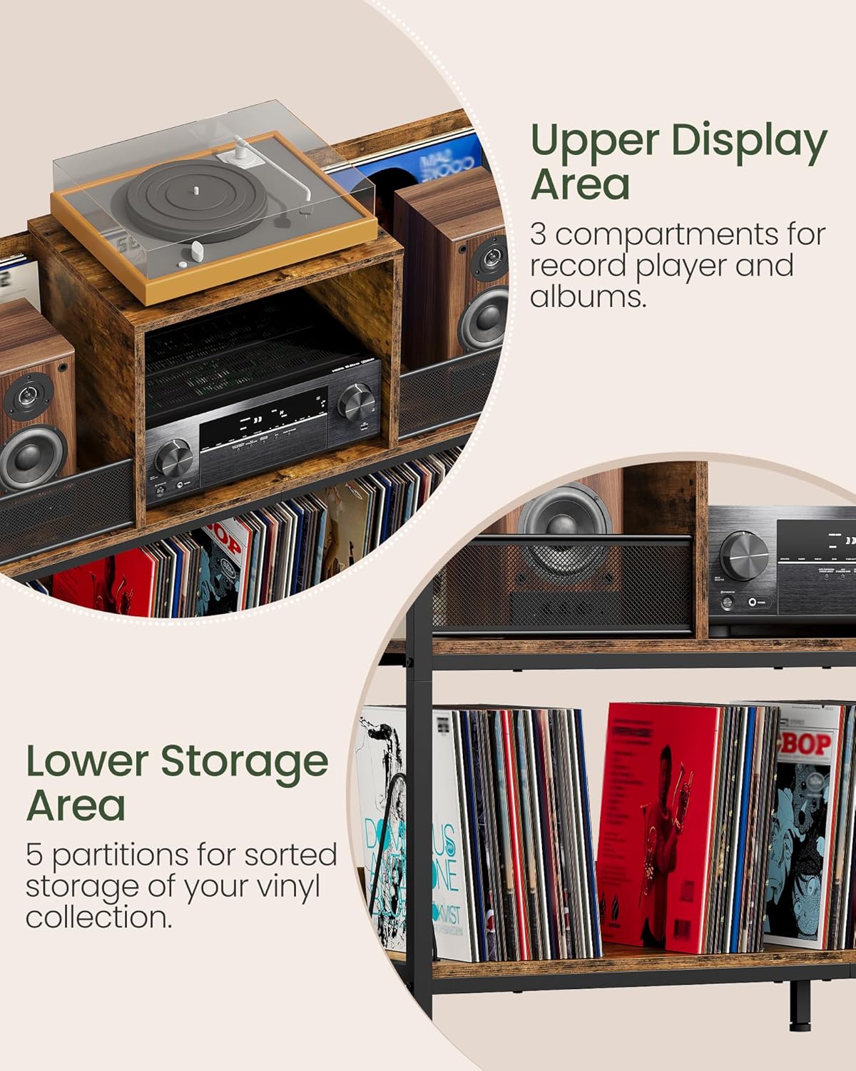 Diagram illustrating the upper display area with three compartments for a record player and albums, and the lower storage area with five partitions for sorted vinyl collection storage.