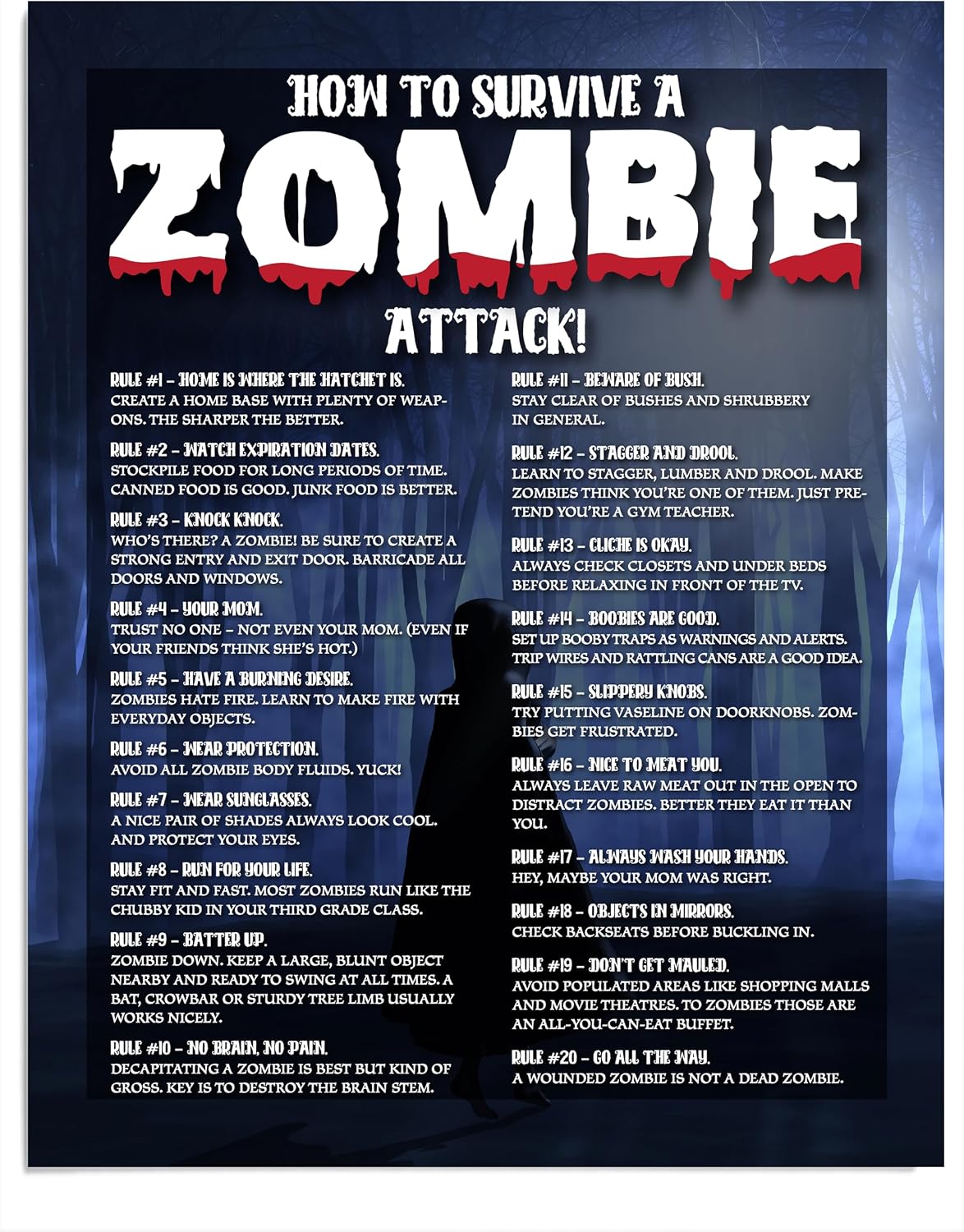 Zombie Survival Rules Funny Horror Wall Art, 11x14 Unframed