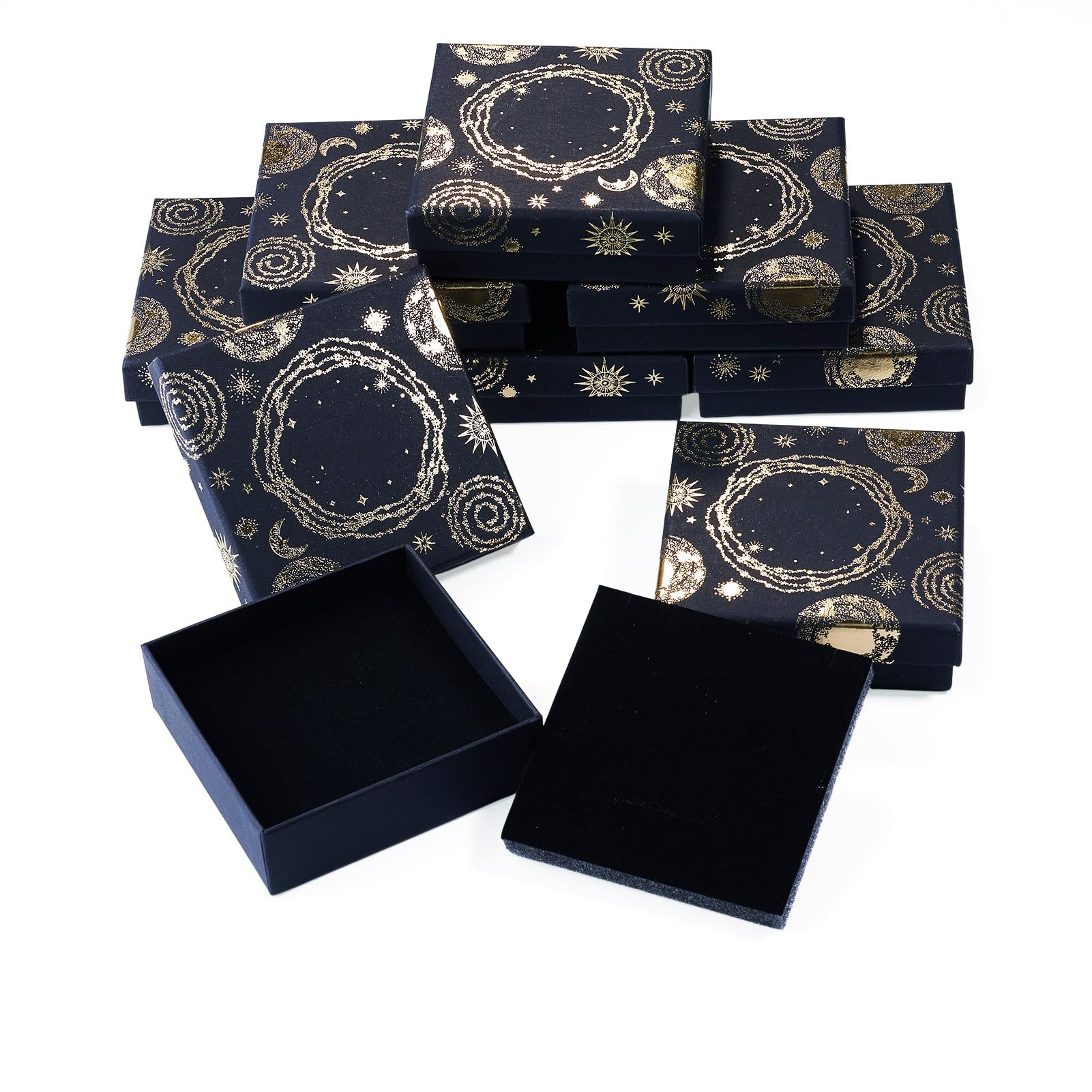 Cheriswelry 10Pcs Galaxy Printed Cardboard Gift Boxes 7.5x7.5x3.45cm Sun Moon Star Black Small Jewelry Boxes Square Cardboard Box for Jewelry Packaging