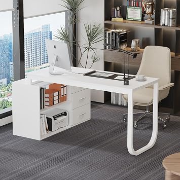 L-Shaped Computer Desk, Corner Desk with 3 Drawers and 2 Shelves, 55 Inch Large Writing Table with Storage Cabinet for Home Office, White, 138cm W   60 cm D   75 cm H