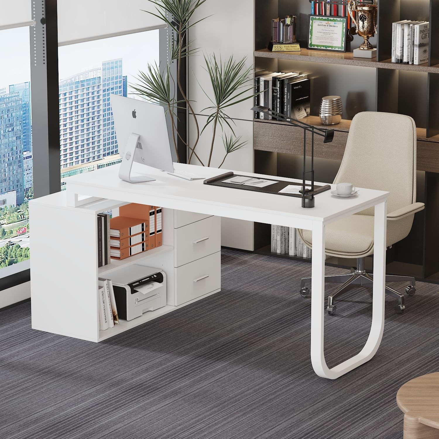 PREMTURE L-Shaped Computer Desk, Corner Desk with 3 Drawers and 2 Shelves, 55 Inch Large Writing Table with Storage Cabinet for Home Office, White, 138cm (W) × 60 cm (D) × 75 cm (H)
