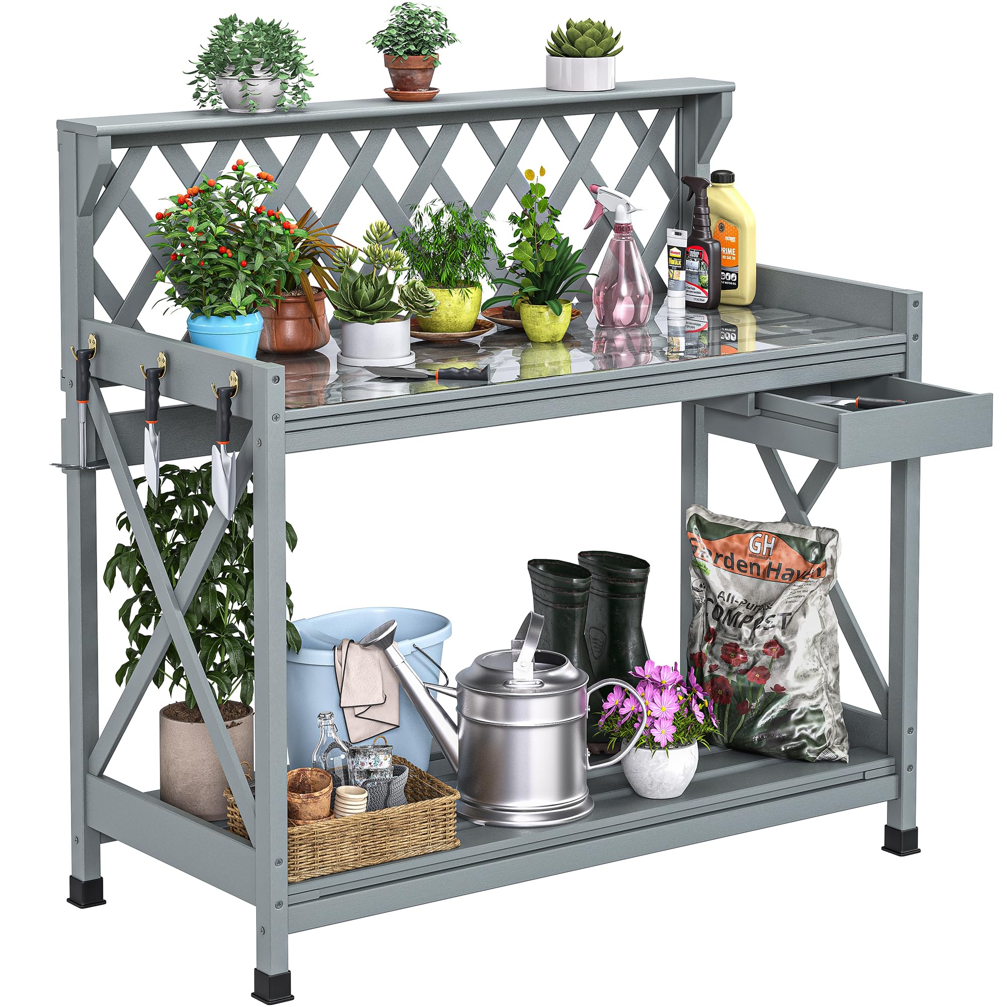 YITAHOME Potting Bench Table, Outdoor Garden Work Bench Station Table w/Drawer, Open Shelf, Hook, PVC Waterproof Mat (Grey)