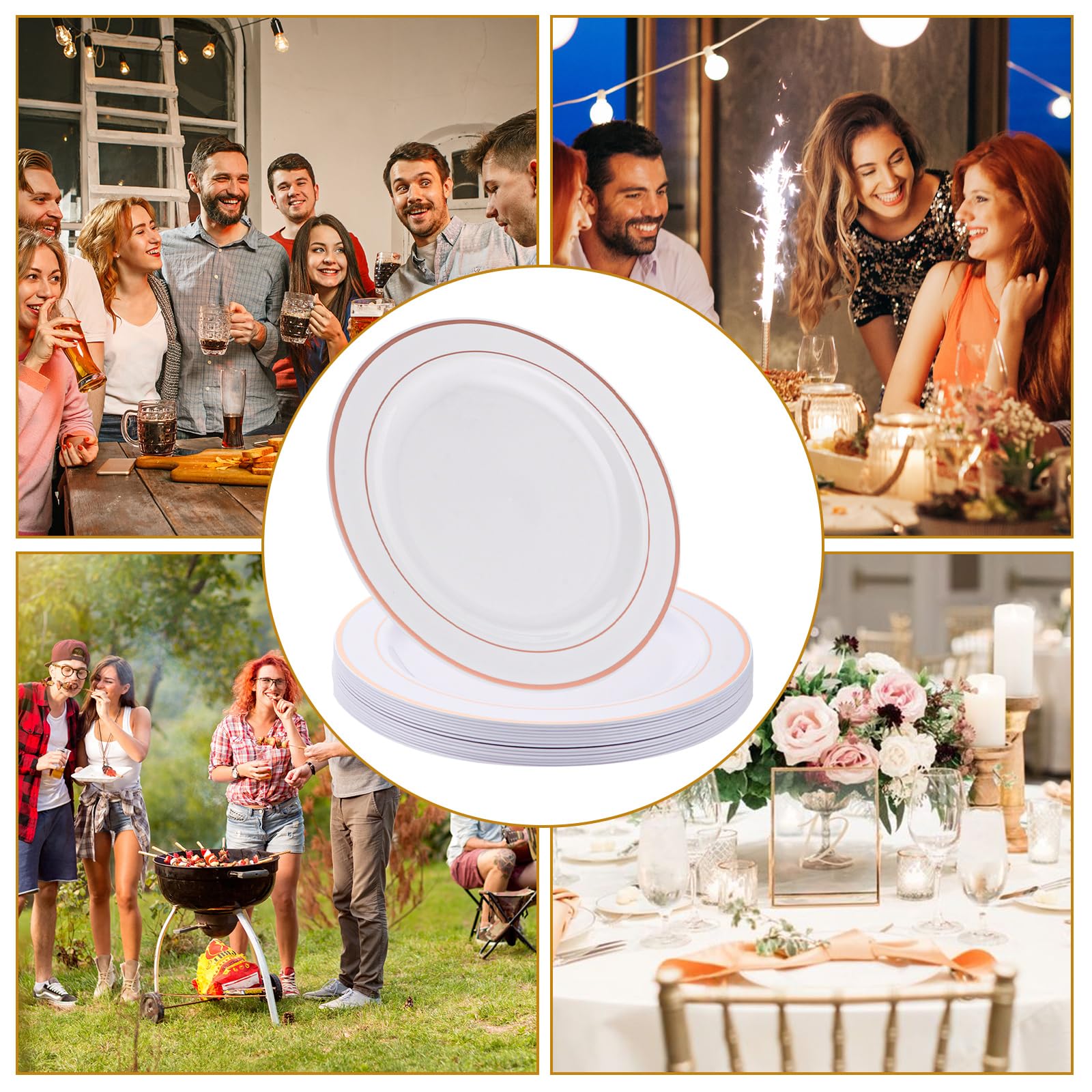 Lot de 40 Assiettes Blanches Réutilisables de 26 cm - Assiettes de Fête en Plastique Avec Bord Doré Rose