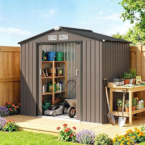 Outsunny 7' x 4' Outdoor Storage Shed, Garden Tool Metal Shed with Foundation Kit, Double Lockable Door, Air Vents and Sloping Roof, for Backyard, Patio, Lawn, Brown