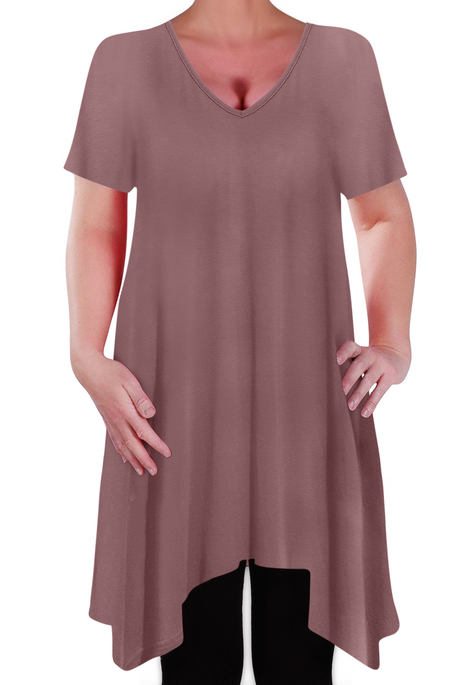 Eye Catch Women's Mocha - Olivia Casual V Neck Long Tunic Uneven Hem Plus Size Flared Top Size 22-24