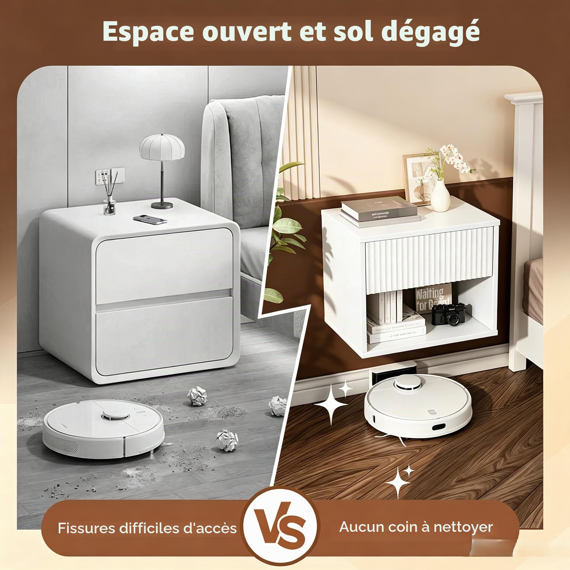 Bonnlo Table de Chevet Suspendue Lot de 2, Commode de Nuit Blanche avec 1 Tiroir et 1 Étagère, Table d'appoint Basse pour Chambre à Coucher, Salon, 40 x 30 x 33 cm