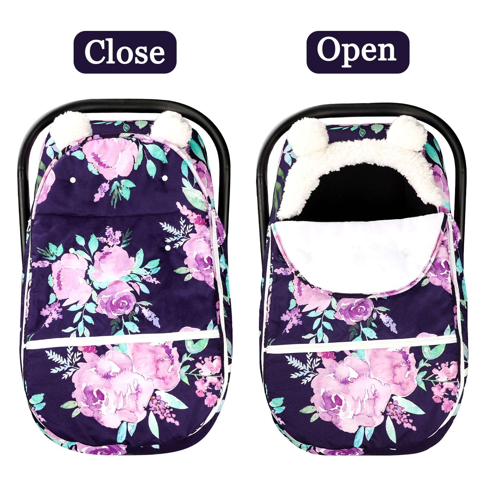 Winter Carseat Cover Girls, Purple Cozy & Warm Cover, Infant Car Seat Canopy, Ultra-Soft Breathable Protect Baby from Cold Wind, Zipped Removable Design