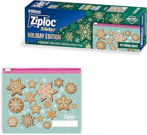 Ziploc - Bolsas deslizantes de almacenamiento de alimentos de un galón, tecnología Power Shield para más durabilidad, 12 unidades, diseños