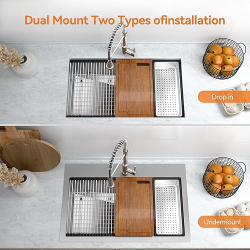 Miniatura 26 de Fregadero de cocina de 33 x 22 pulgadas, fregadero de cocina de un solo tazón con grifo extraíble, lavabo de acero inoxidable T-304 de calibre 18