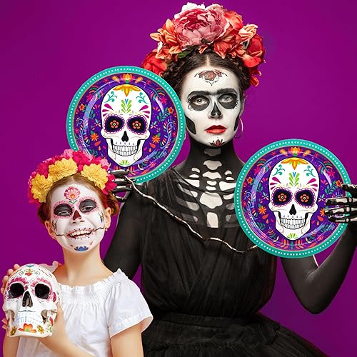 Miniatura 6 de DYLIVeS Suministros para fiesta del Día de los Muertos, platos y servilletas del Día de los Muertos, cubertería y calavera de azúcar, vajilla