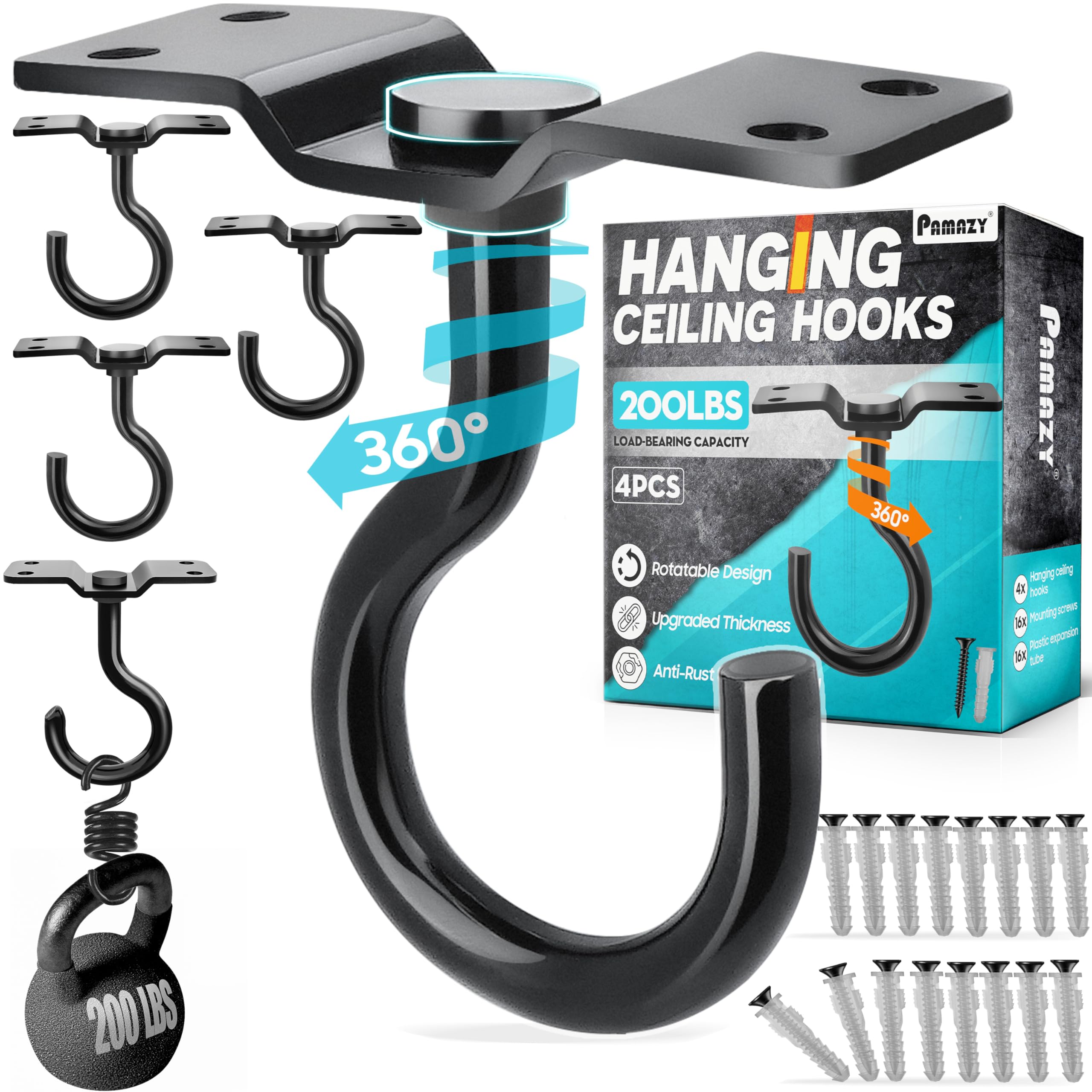 Photo 1 of [UPGRADED] 4Pcs 200LBS Rotatable Ceiling Hooks with 4 Screw Points Base, Wall Mount Metal Hanger Black Ceiling Hook for Hanging Plant, Bird Feeder, Lights, Bed Canopy, Wind Chime, Indoor Outdoor Decor
