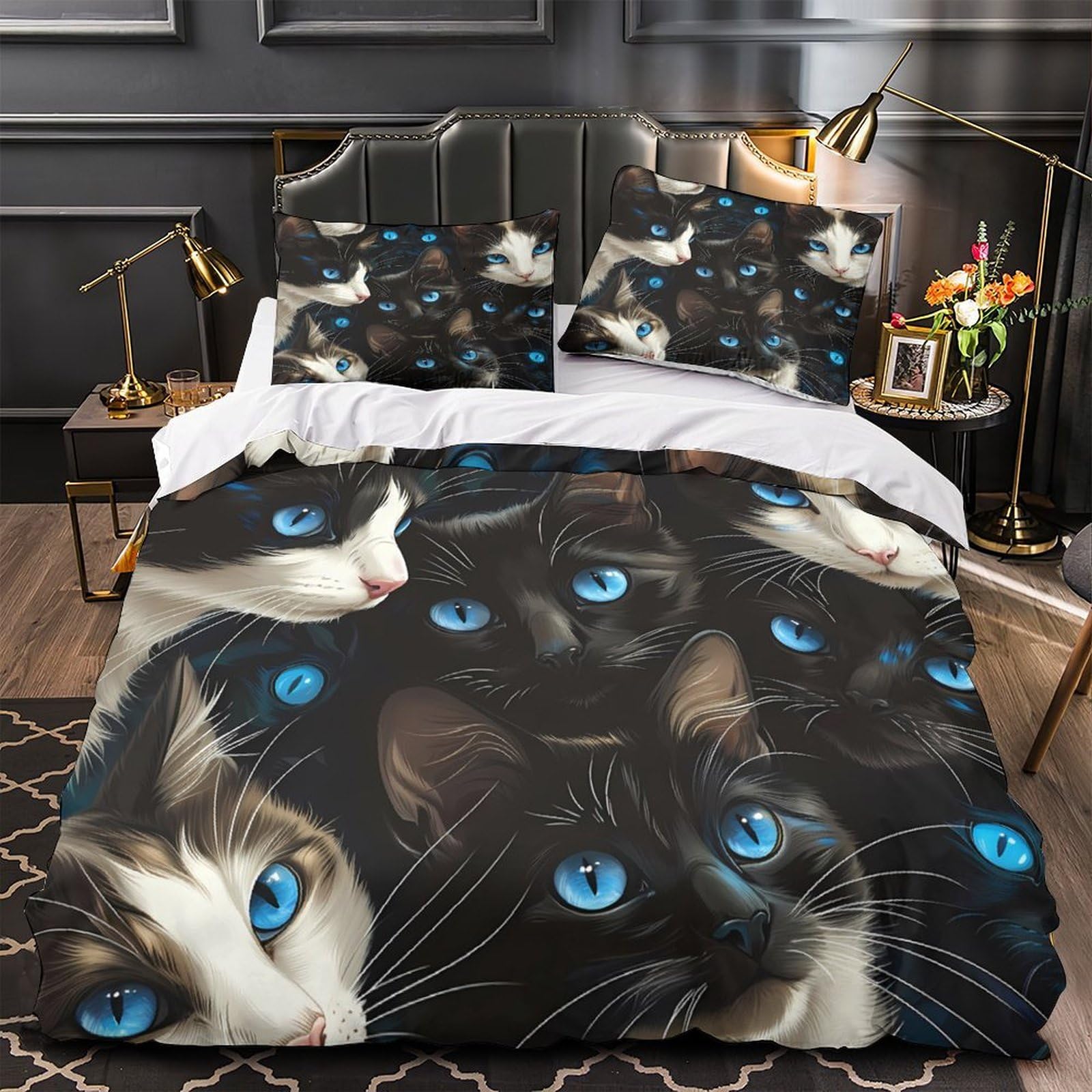 Housse de couette chat yeux bleus parure de lit 3d pour les amoureux des animaux