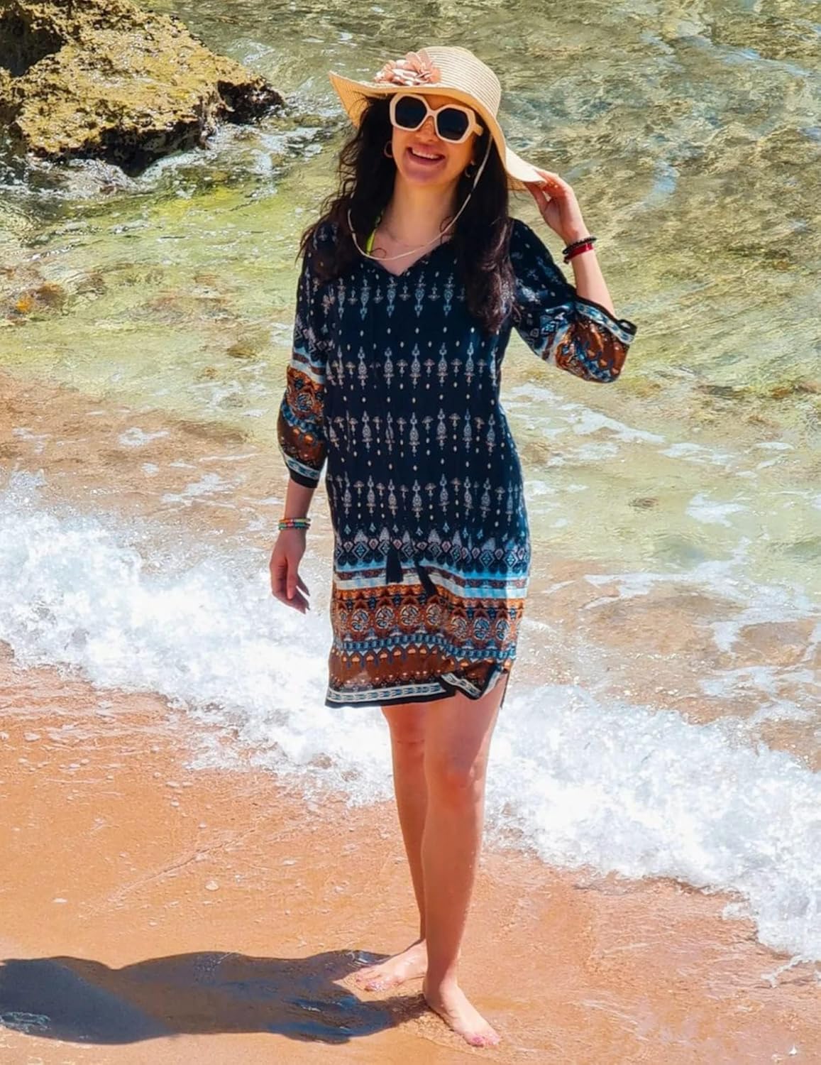 HOTOUCH Women Casual Beach Summer Dress Boho V Neck 3/4 Long Sleeve Short Floral Print Flowy Swimsuit Cover Up Sundress - Image 4