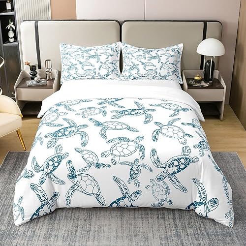 Feelyou Kids Sea Turtle Duvet Cover 100% Cotton Full Size Ocean Bedding Set for 