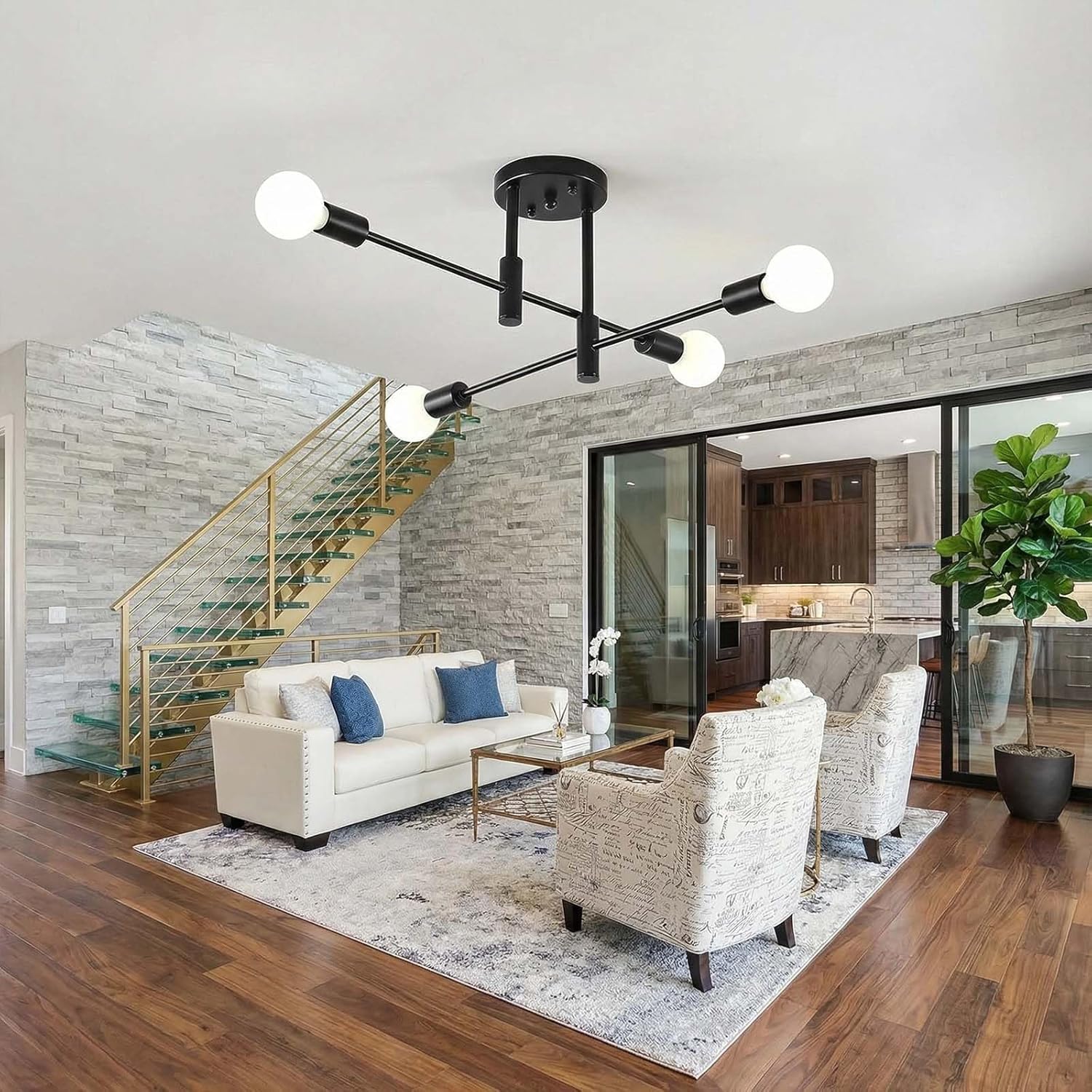 Modern Sputnik Chandelier 4-Light Adjustable Ceiling Light Fixture Black Semi Flush Mount Ceiling Lamp with E26 Base Industrial Ceiling Light for Dining Room Bedroom Foyer Hallway Living Room