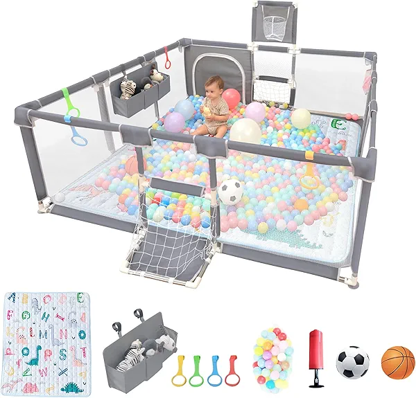 Playpen for Babies and Toddlers,73"x71"Baby Playpen with Mat Indoor&Outdoor with Breathable Play Pen with Ocean Balls Hanging Pocket Basketball Hoop and Football Goal (Grey with Mat, 73"x71")