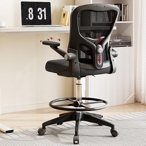 SANODESK Silla ergonómica de dibujo, silla de escritorio de pie con malla transpirable 2D, soporte lumbar 3D, reposabrazos abatible y reposapiés,