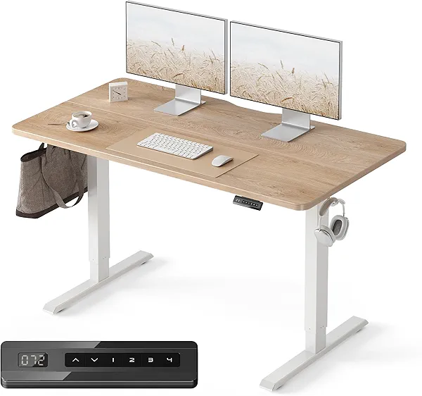 FEZIBO 55 x 24 Inchs Electric Standing Desk, Height Adjustable, Sit Stand Up, Computer Office Desk with Splice Board, White Frame/Maple Top