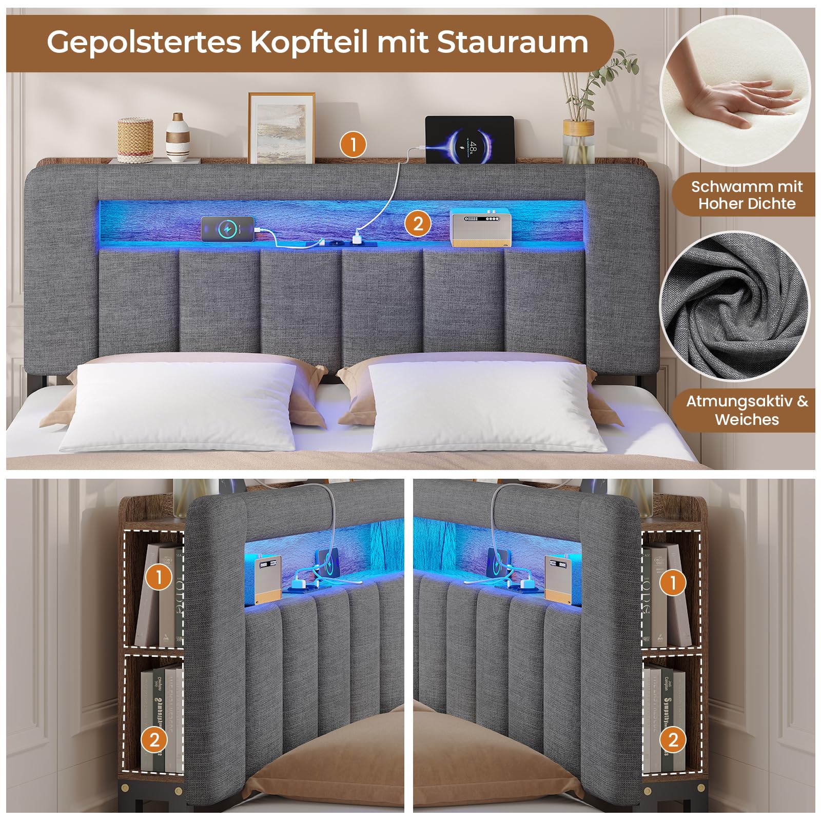 AGOLLATI Letto Matrimoniale con Contenitore 140x200 Struttura Letto matrimoniale con LED e Stazione di Ricarica, Letto Contenitore Idraulico Struttura Letto Imbottito con Testiera Lino Grigio Scuro