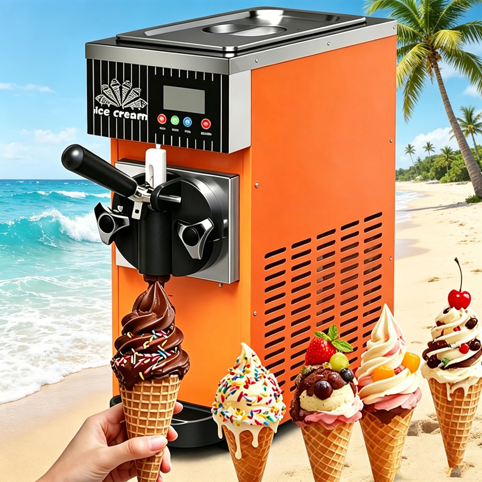 BITYCOW Multi-Use Soft Serve Ice Cream Maker, 450W Countertop Machine with 4 Optional Colors, Adjustable Hardness, 4-5L/H Production for Home, Snack Bar and Dessert Store Orange