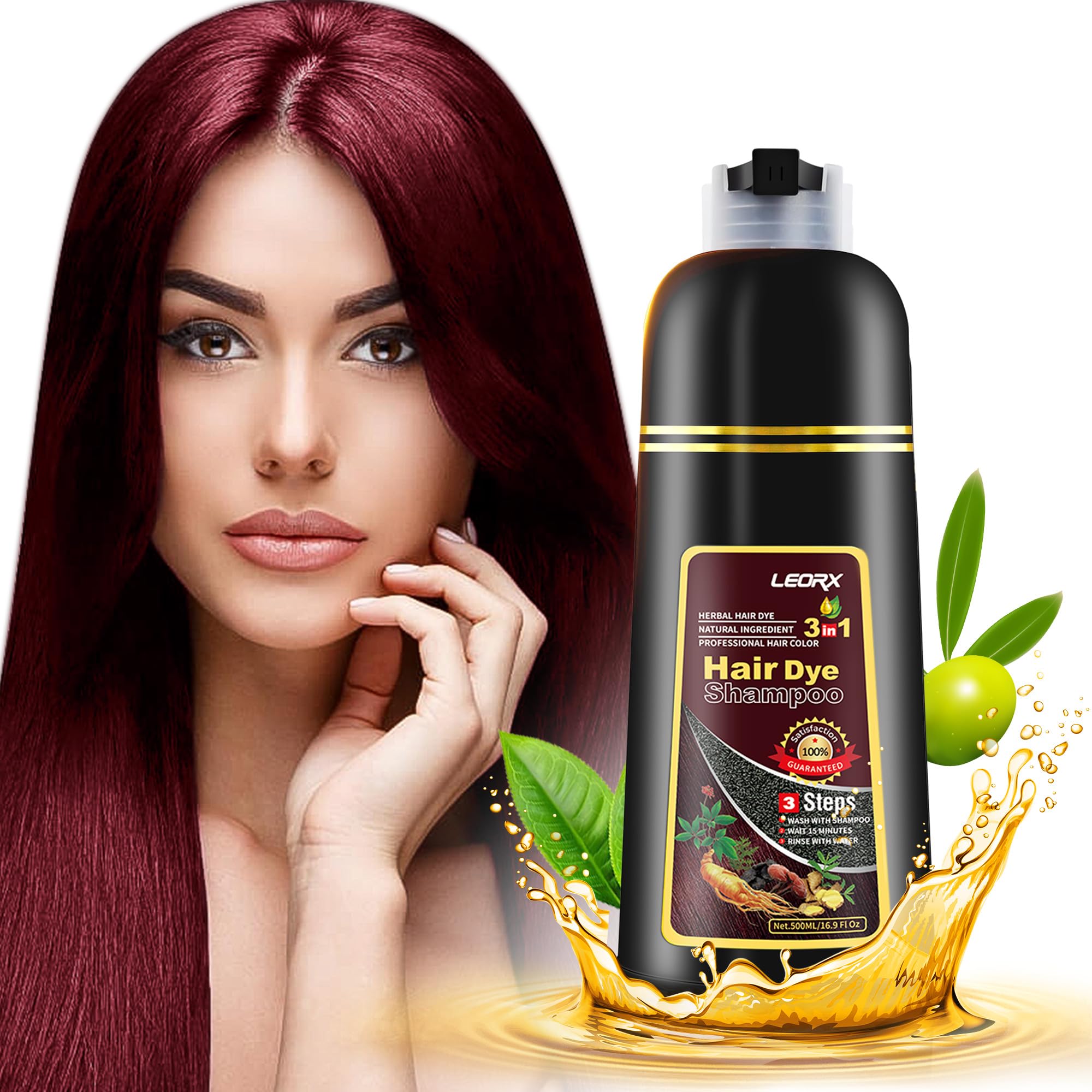 leorx Hair Dye shampoo 3 In 1, Dark Wine Red Instant Herbal Hair Color Shampoo Cover Gray Hair For Women&Men - Color Your Hair with Ease - Tintes Para El Cabello Profesional