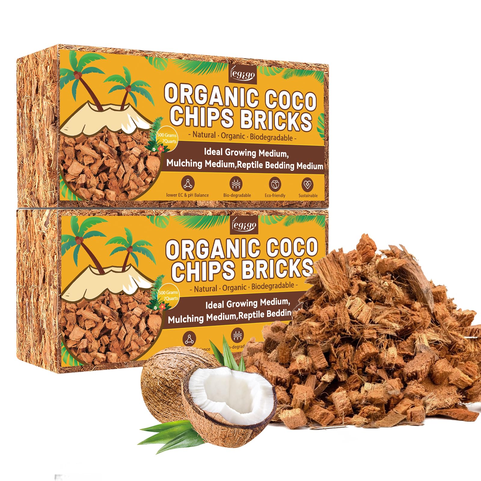 Legigo 2 Pack Coco Coir Chips for Plants- 2.2 LB 100% Organic Coconut Chips Brick Potting Mix with Low EC & PH Balance, Coconut Husk Substrate Coco Husk Mulch for Garden, Planting, Orchid and Soil Mix