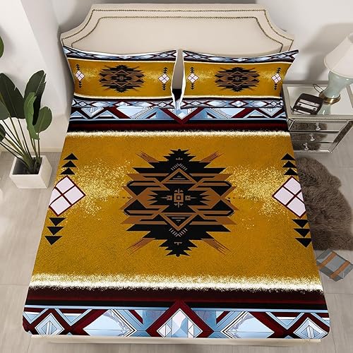 Manfei Navajo - Juego de sábanas bajeras de tamaño individual, diseño étnico abstracto geométrico, 2 piezas para decoración de habitación de niños y