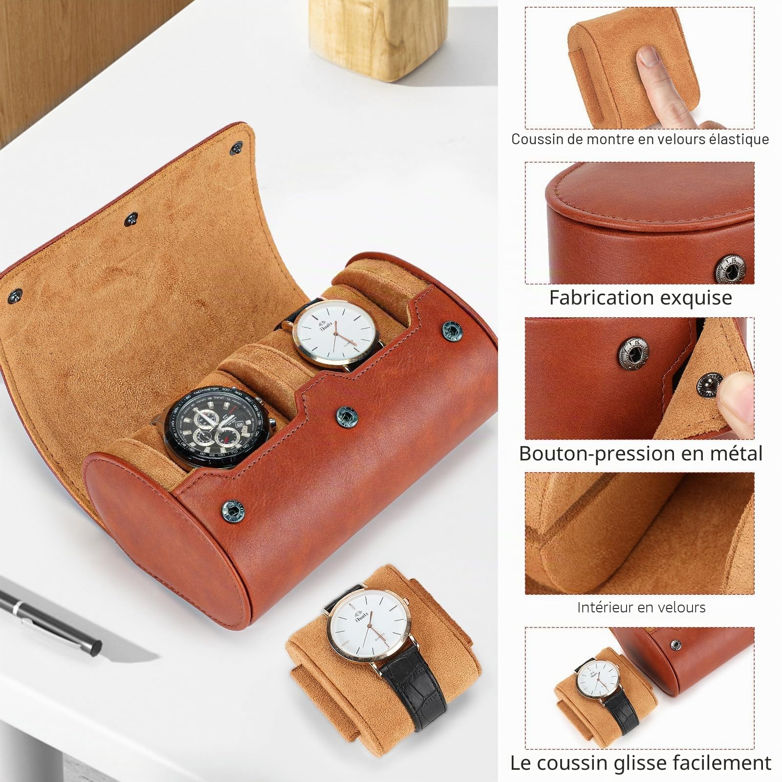 VINBAGGE Boîte à Montres pour Homme 2 Emplacements - Étui de Voyage Rouleau Montre - Organisateur Rangement Cylindrique en Cuir PU - Coffret à Bijoux Vintage Idée Cadeau Noël Anniversaire