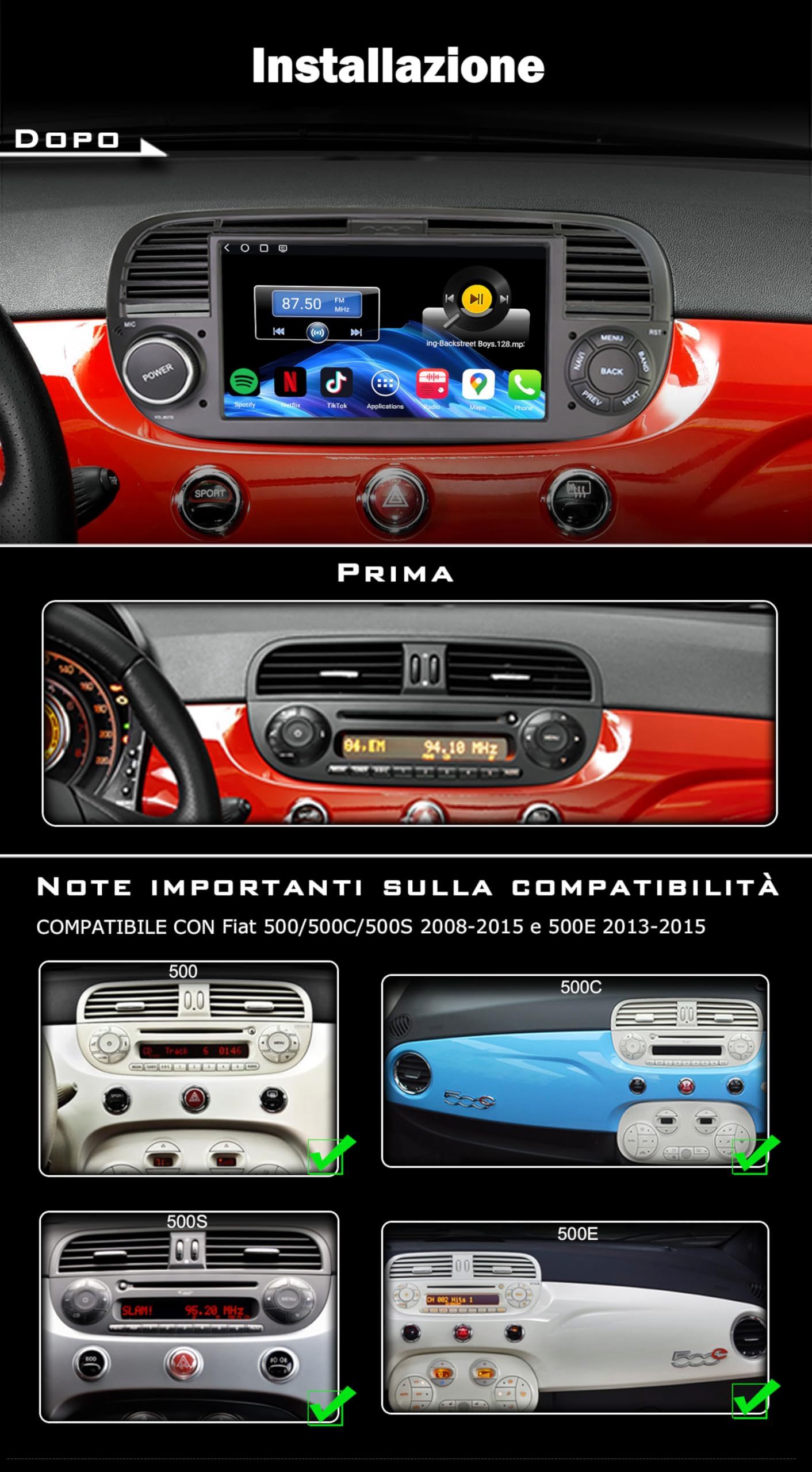 7" Qualcomm 8-Core 4GB+64GB Android 14 Autoradio Navigatore GPS per Fiat 500 500C 500S 500E Wireless Carplay Android Auto Bluetooth 5.0 GPS DSP WiFi 4G Canbus Radio IPS Schermo Tattile (Nero)