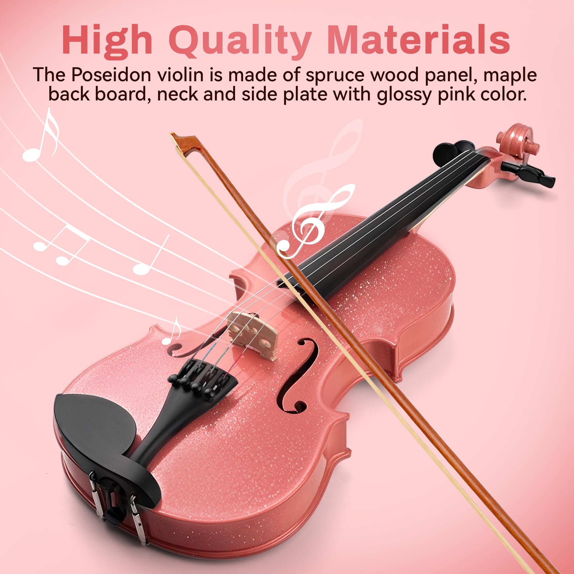 Poseidon Set di violino rosa 1/2, violino per bambini, violino per ragazze con top in abete massello di alta qualità con custodia rigida, archetti extra, corde extra, spalliera, colofonia, accordatore