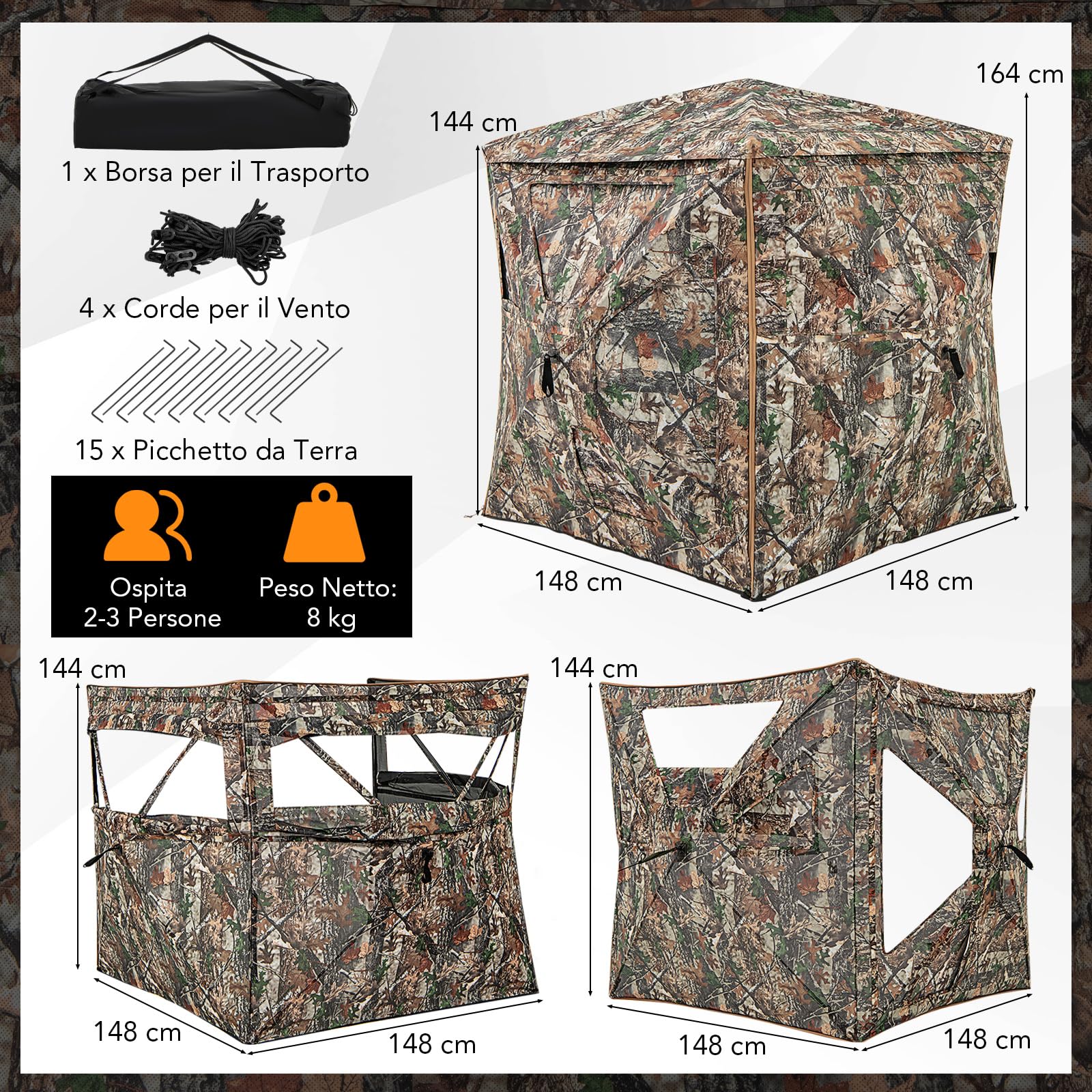 COSTWAY Tenda da Caccia 5 in 1 per 2-3 Persone, Tenda Mimetica a Visione a 360° per Caccia, Tenda Pop-Up Camouflage con Borsa da Trasporto, Attrezzatura Caccia Funzione da Recinto, 148 x 148 x 164 cm