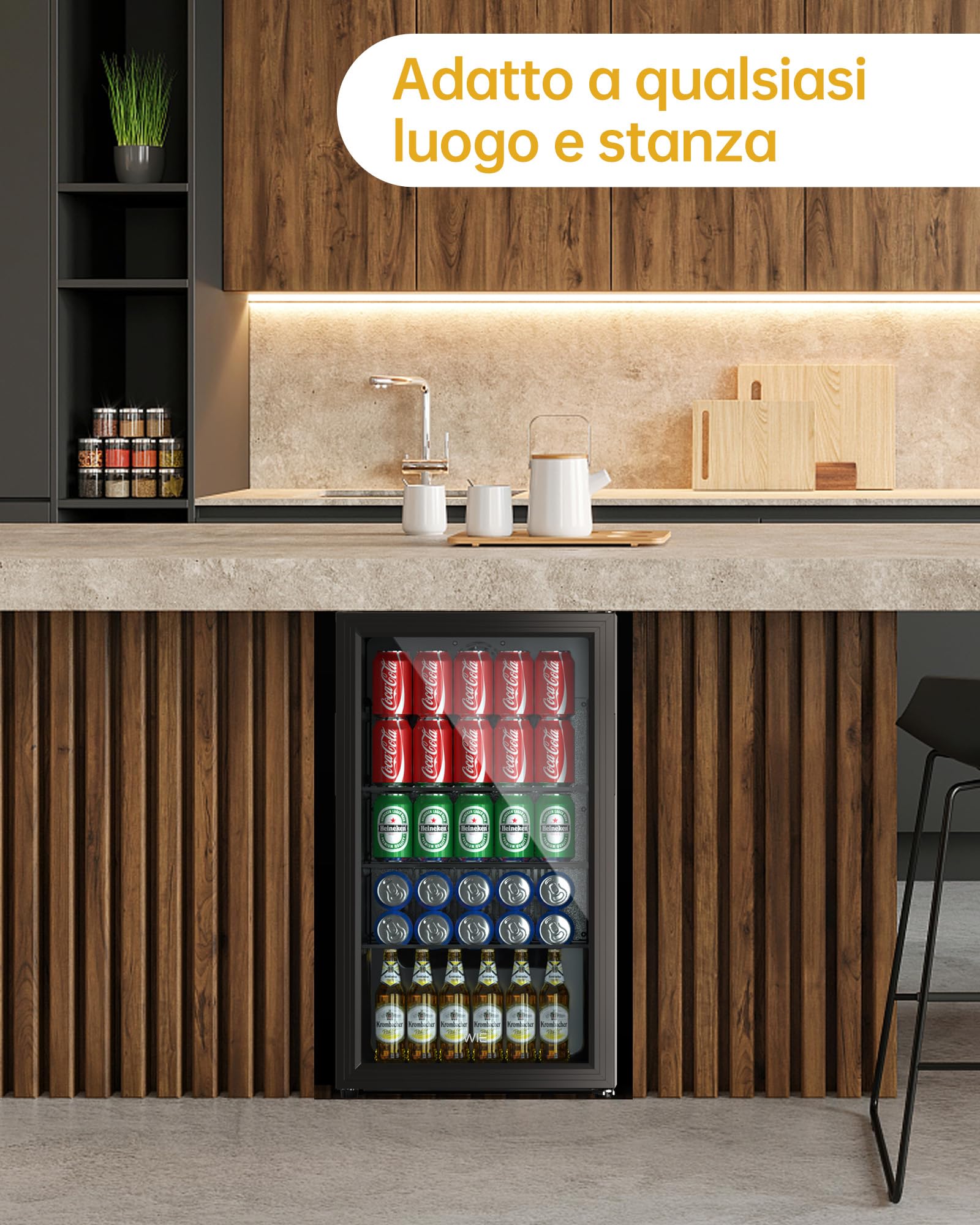 WIE Professional Mini Frigo per Bevande, Frigorifero per Bevande Con Porta in Vetro, 3 Ripiani Regolabili, Controllo Intelligente, Porta Reversibile, Perfetto per Casa/Bar/Ufficio/Hotel (Nero 86L)