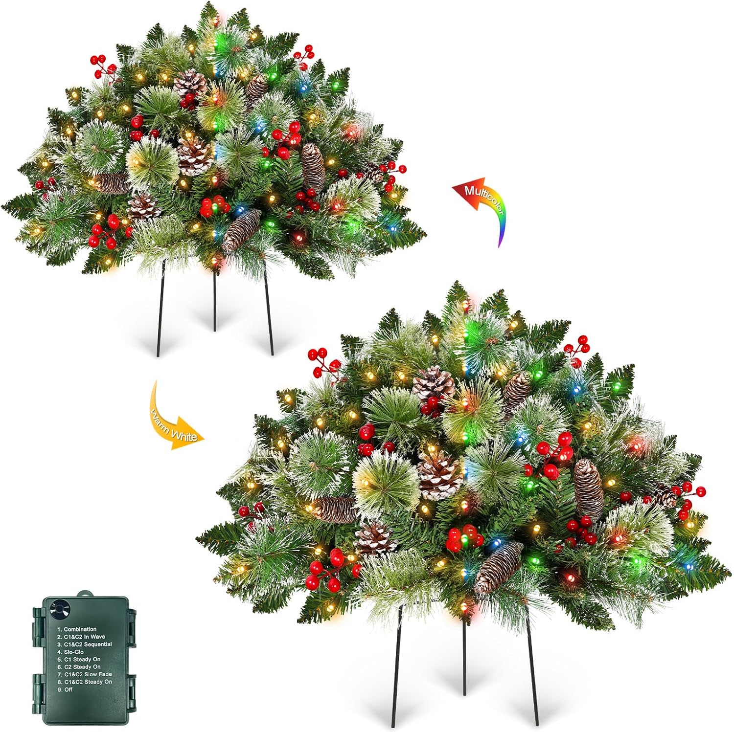 8 Modes&Timer -4  Pack 24\" Lighted Christmas Tree Outdoor Urn Filler with Warm White & Multi-Color Change Lights Snowy Pinecone Berries Tripod Stake Xmas Trees Planter Filler Christmas Decor Yard Porch