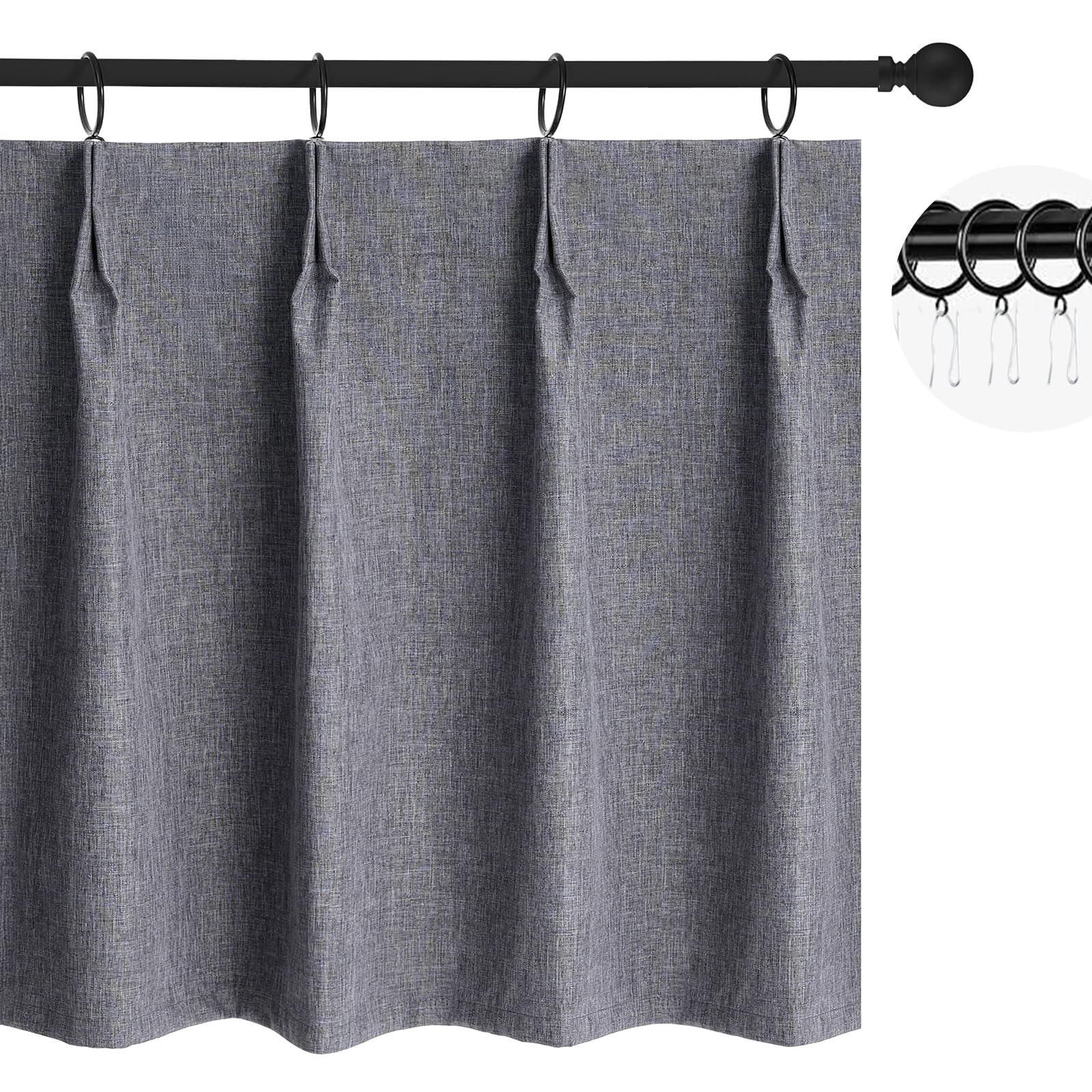 WdFour 42x36 Inch Pinch Pleated Blackout Cafe Curtains - Pack of 2, 100% Light Blocking Back Tab Drapes for Half Windows, Kitchen & Bathroom Short
