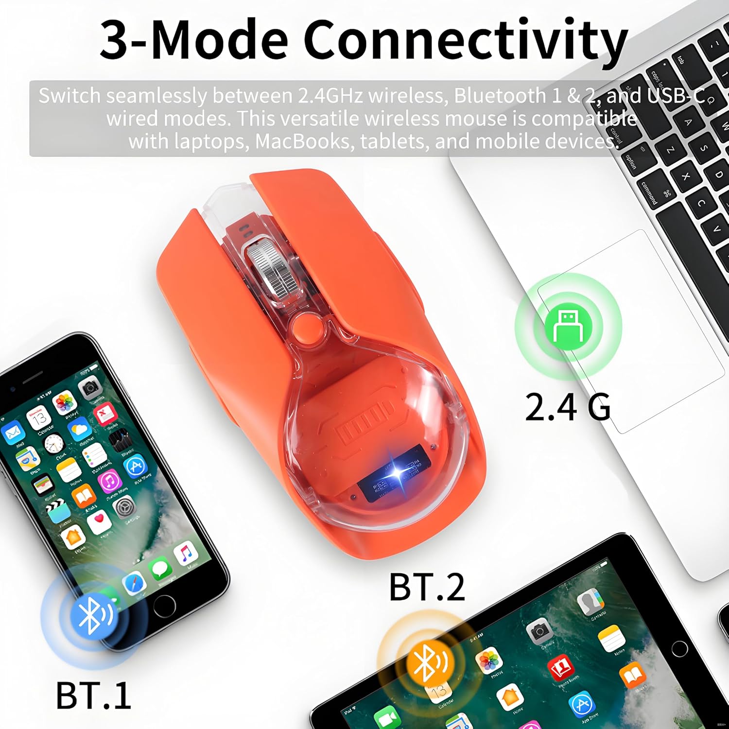 Wireless Mouse-3 Modes: 2.4G, Bluetooth & USB-C Wired, Silent, RGB, Type-C Rechargeable,Battery Display, Magnetic Shell, Ideal for Gaming & Office Use, Compatible with Laptops & MacBooks (Orange)