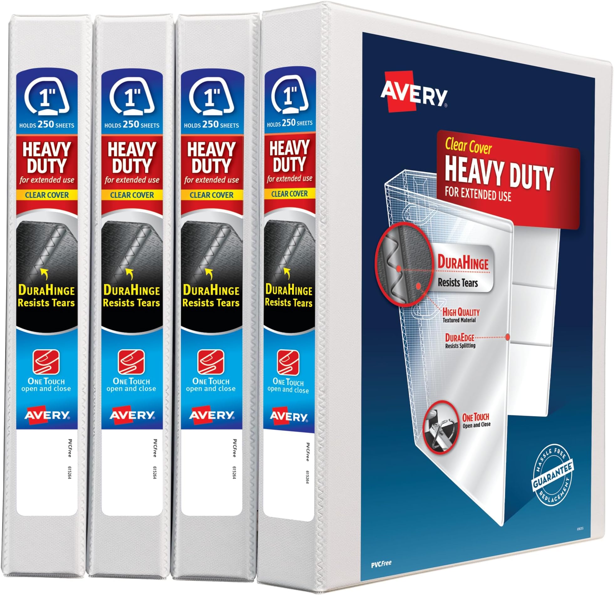 Heavy Duty View 3 Ring Binders, 1" One Touch Slant Ring, 250-Sheet Capacity, 1.4 Inch Wide Spine, Great for Home, School Supplies, Office, or Organization Needs, White Binders (4-Pack of 79780)
