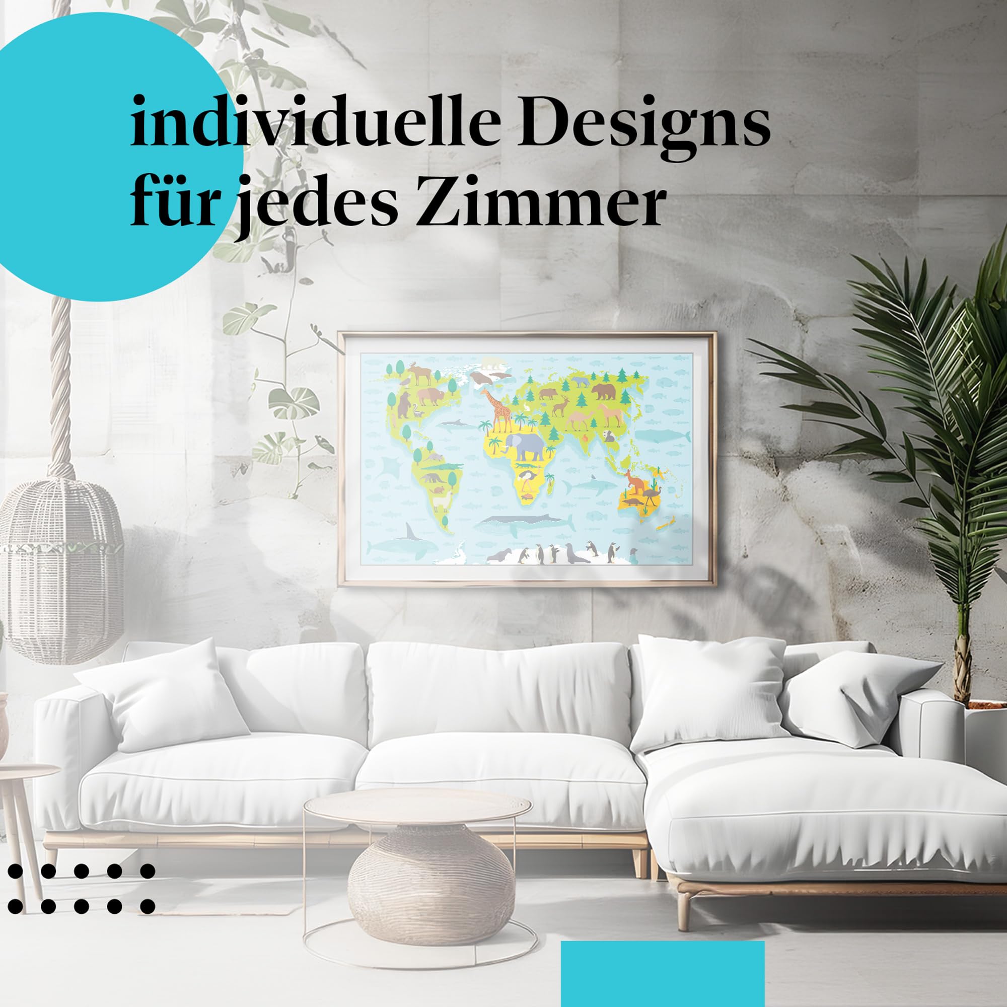 Postereck - 0860 - Weltkarte, Kinder Tiere Kontinente Lernen Schule - Kinder Kinderzimmer Kinderbild Wandposter Fotoposter Bilder Wandbild Wandbilder - Leinwand - 100,0 cm x 75,0 cm