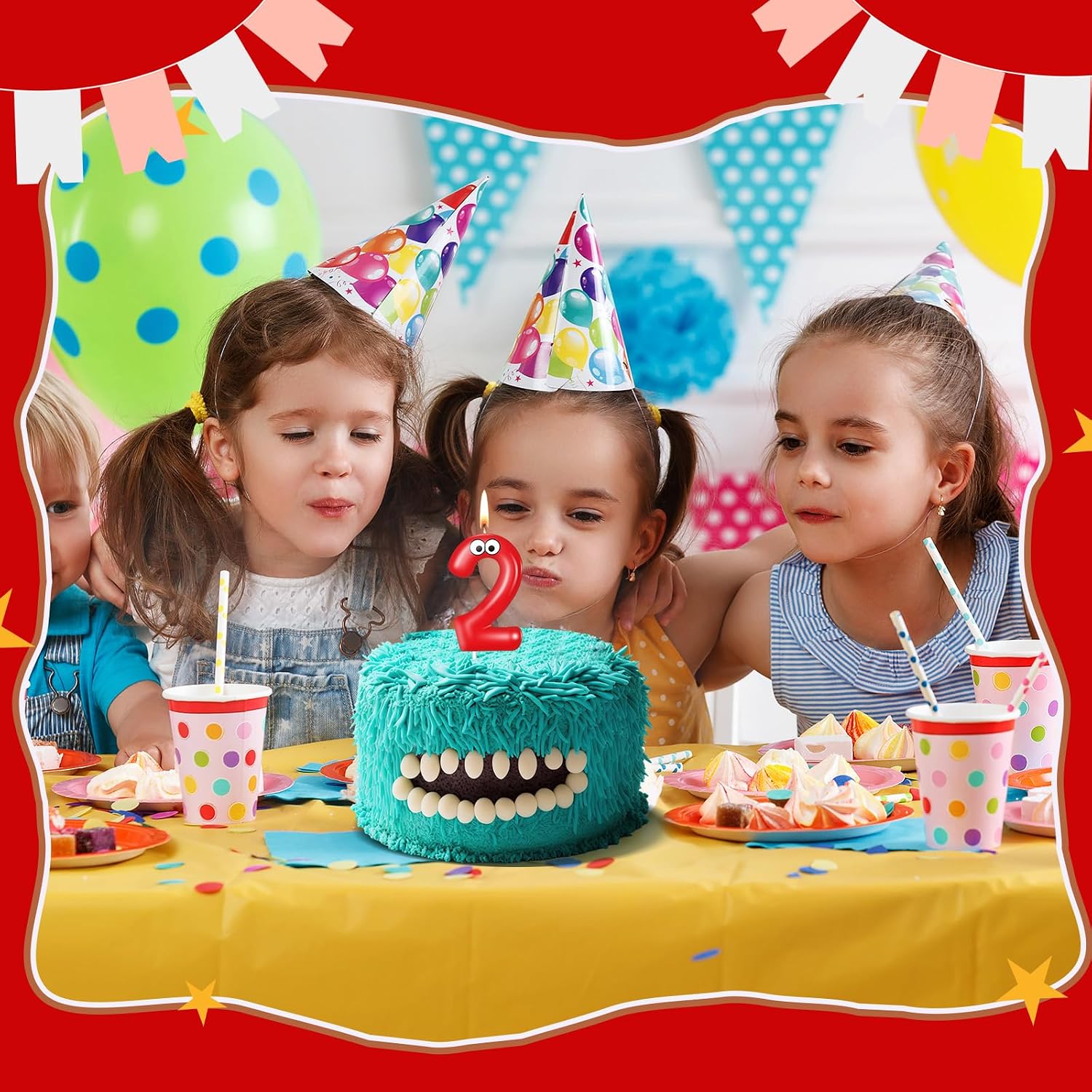 MTLEE Number Birthday Candle Monster Theme Cake Topper,Red,Number 2