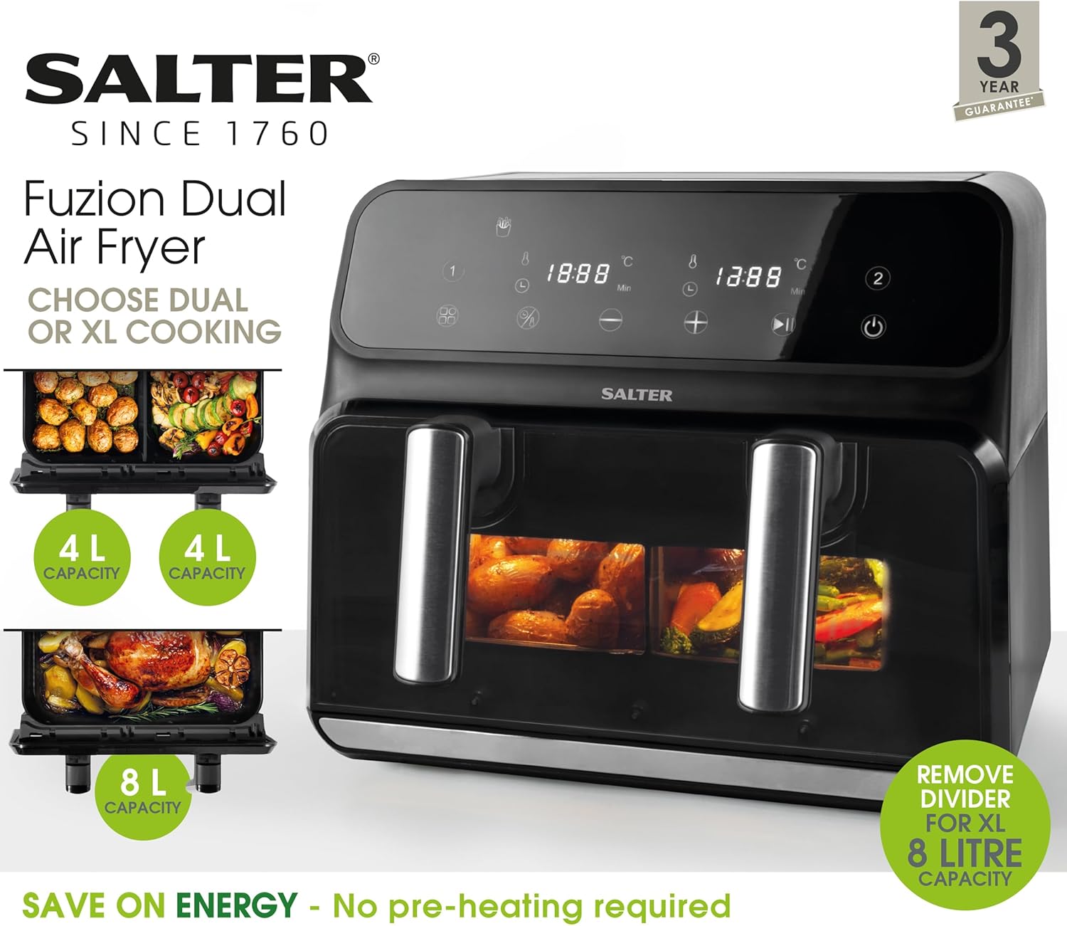Salter Fuzion Dual Air Fryer – 8L Air Fryer with Divider for Dual Cooking
