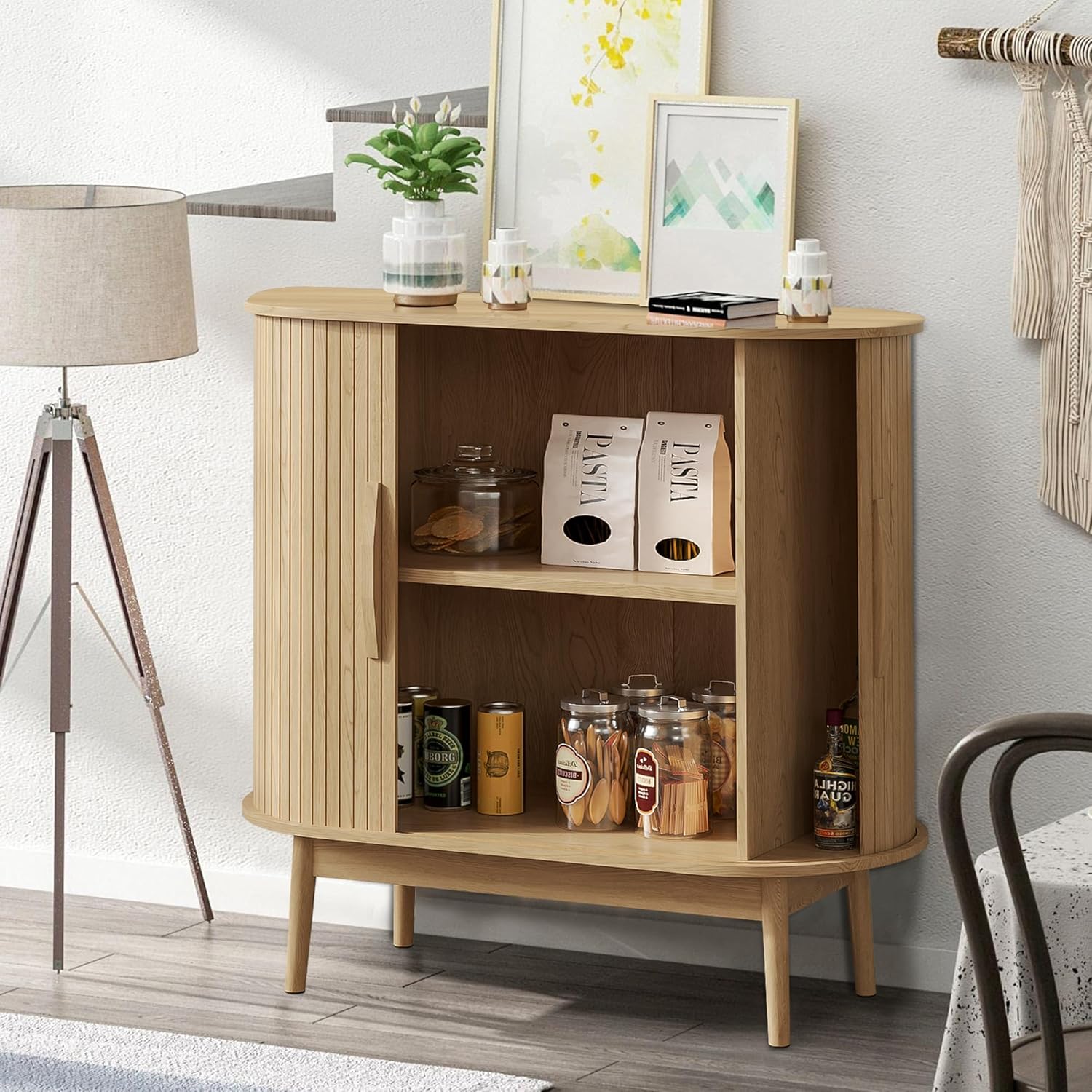 31" Small Sideboard Buffet Cabinet with Storage, Sliding Doors, Wooden Narrow Accent Storage Cabinet, Modern Buffet Table Coffee Bar Cabinet for Kitchen, Living Room (Wood)