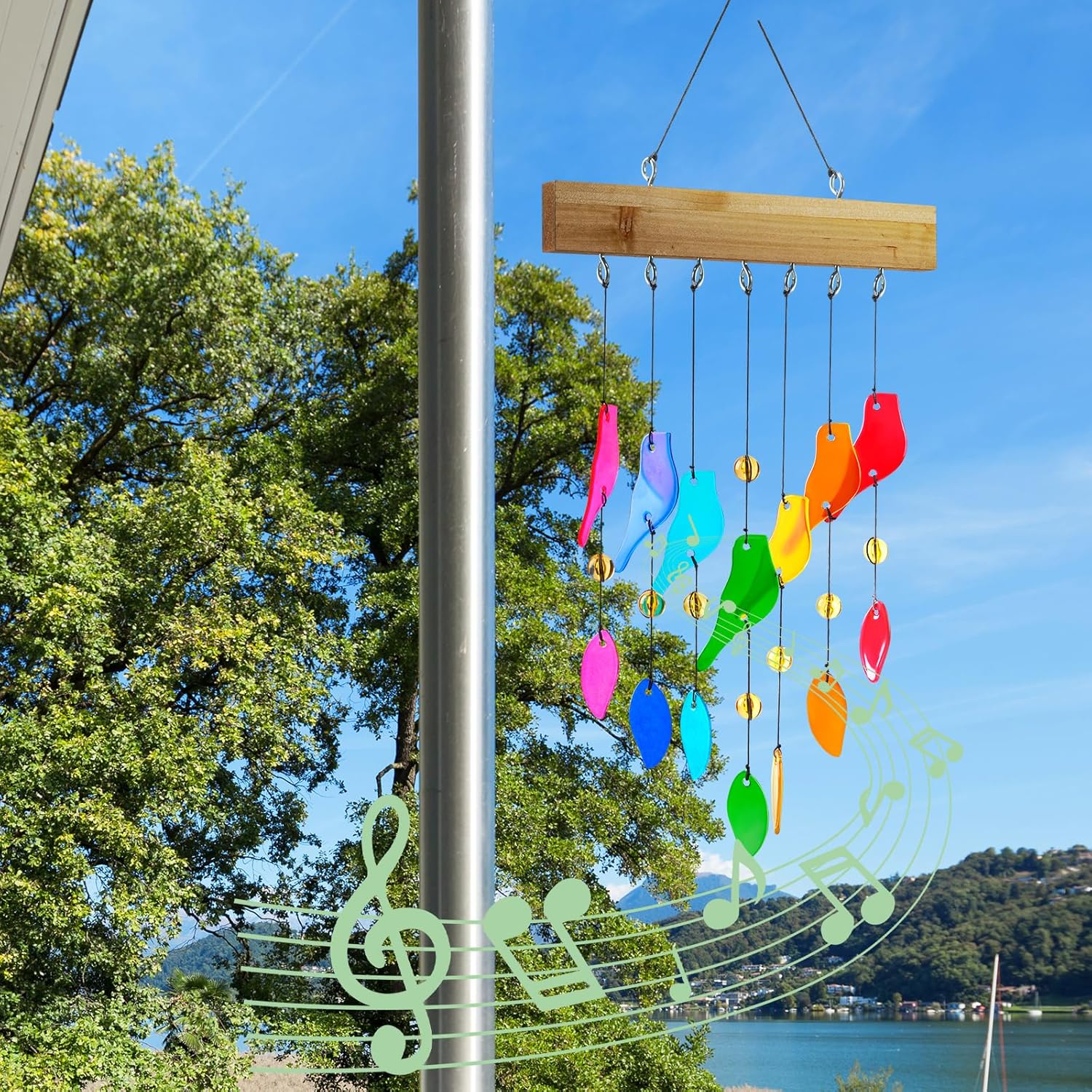 Glass Wind Chimes，Wind Chimes for Outside，Colorful Wind Chime 28" Garden Chimes for Home Patio, Housewarming Gifts for New House, Gift for Unisex (Bird)
