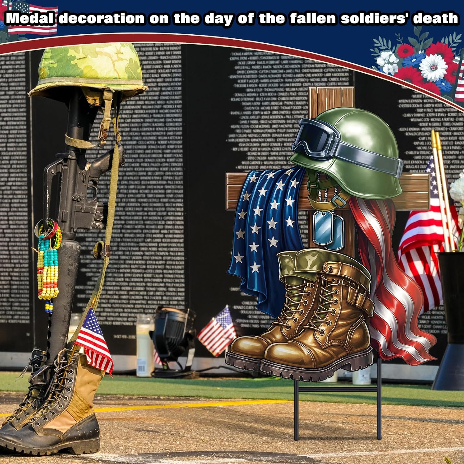 Moxweyeni Metal Memorial Day Yard Decoration Patriotic Yard Sign with Stakes 13.78 Inch Military Soldiers Boots Patriotic Veteran Outdoor Decoration for Home Garden Lawn Supplies